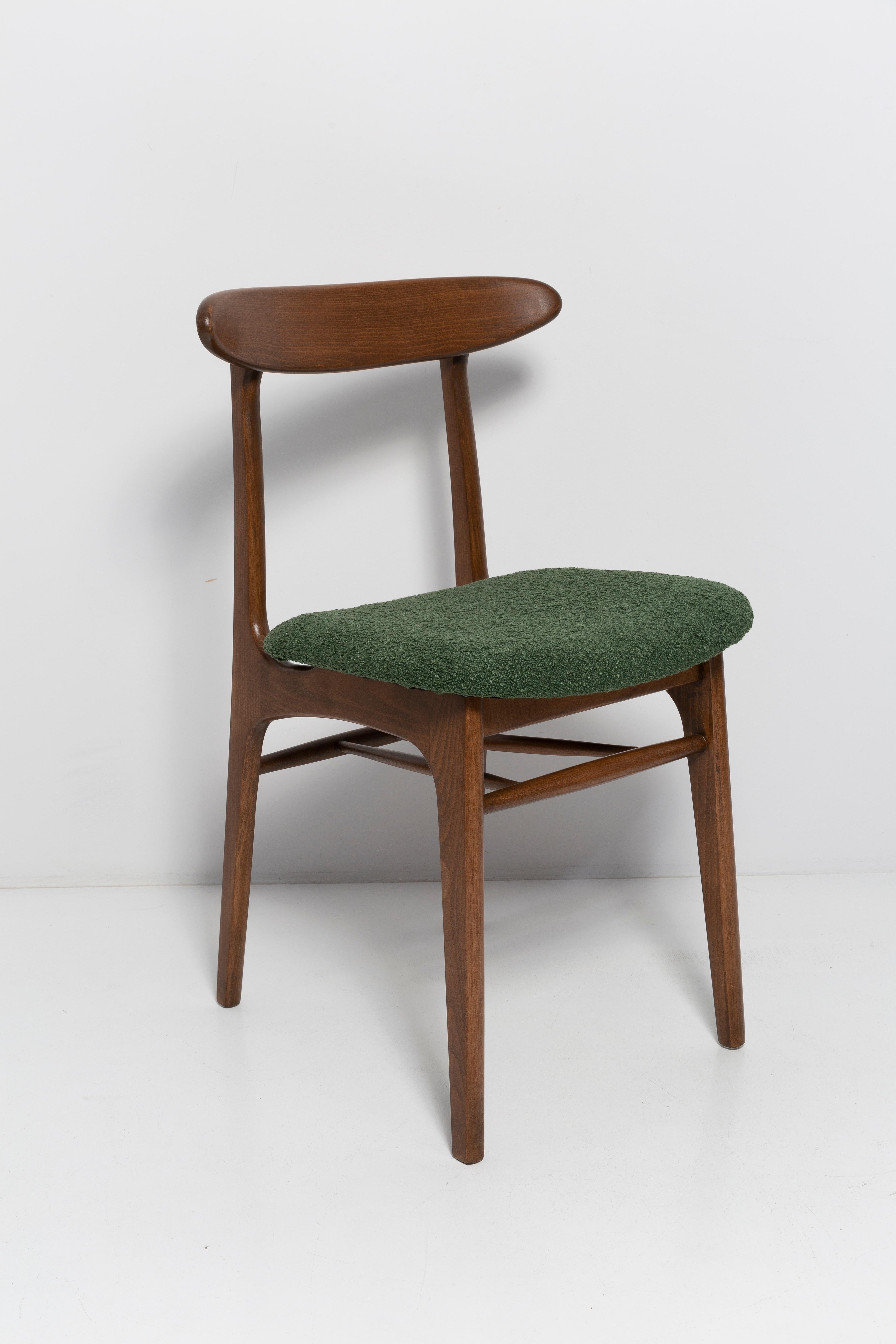Chair designed by Prof. Rajmund Halas. Made of beechwood. Chair is after a complete upholstery renovation, the woodwork has been refreshed. Seat is dressed in green, durable and pleasant to the touch unique boucle fabric. Chair is stable and very