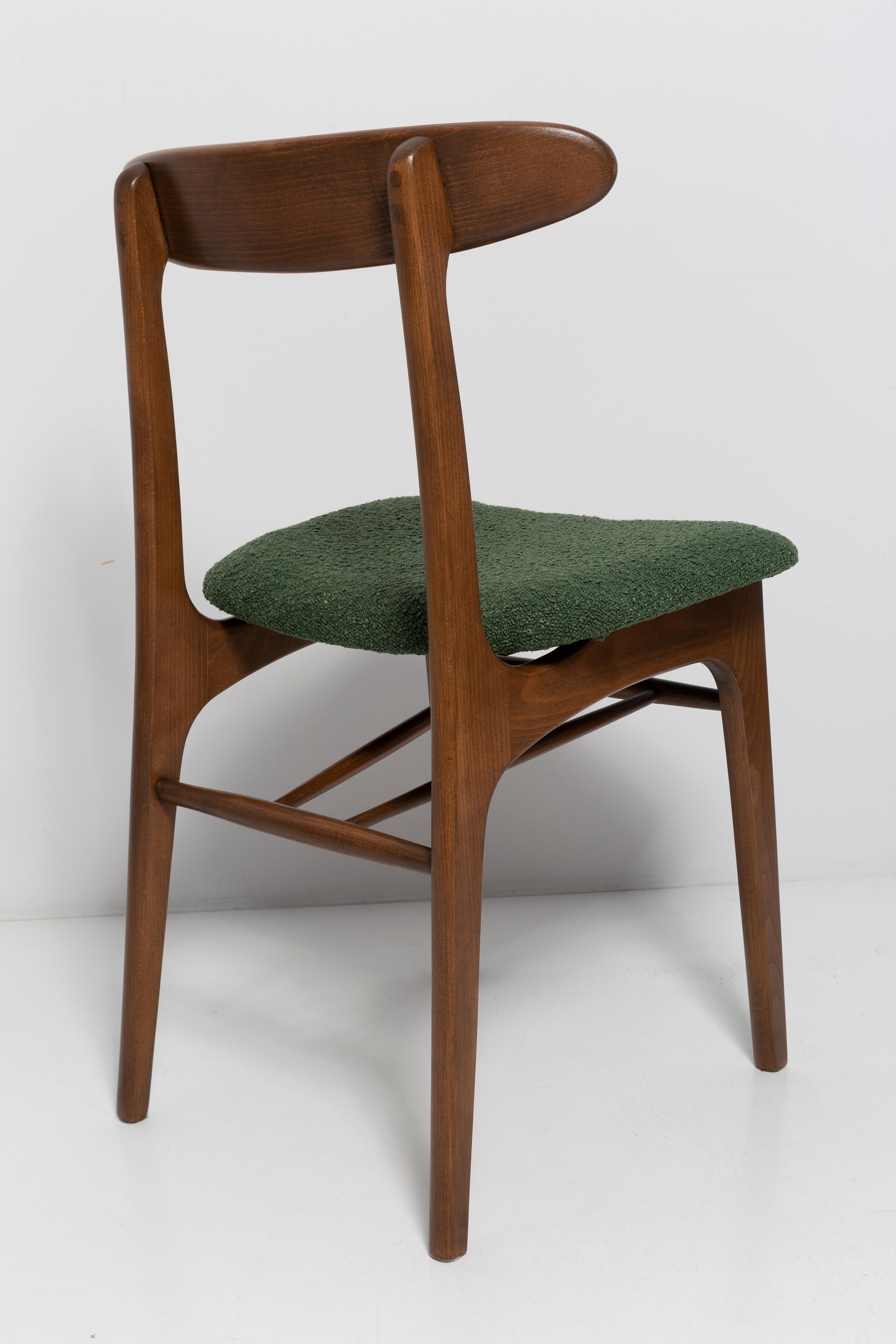 Velvet Mid Century Green Boucle Chair, Walnut Wood, Rajmund Halas, Poland, 1960s For Sale