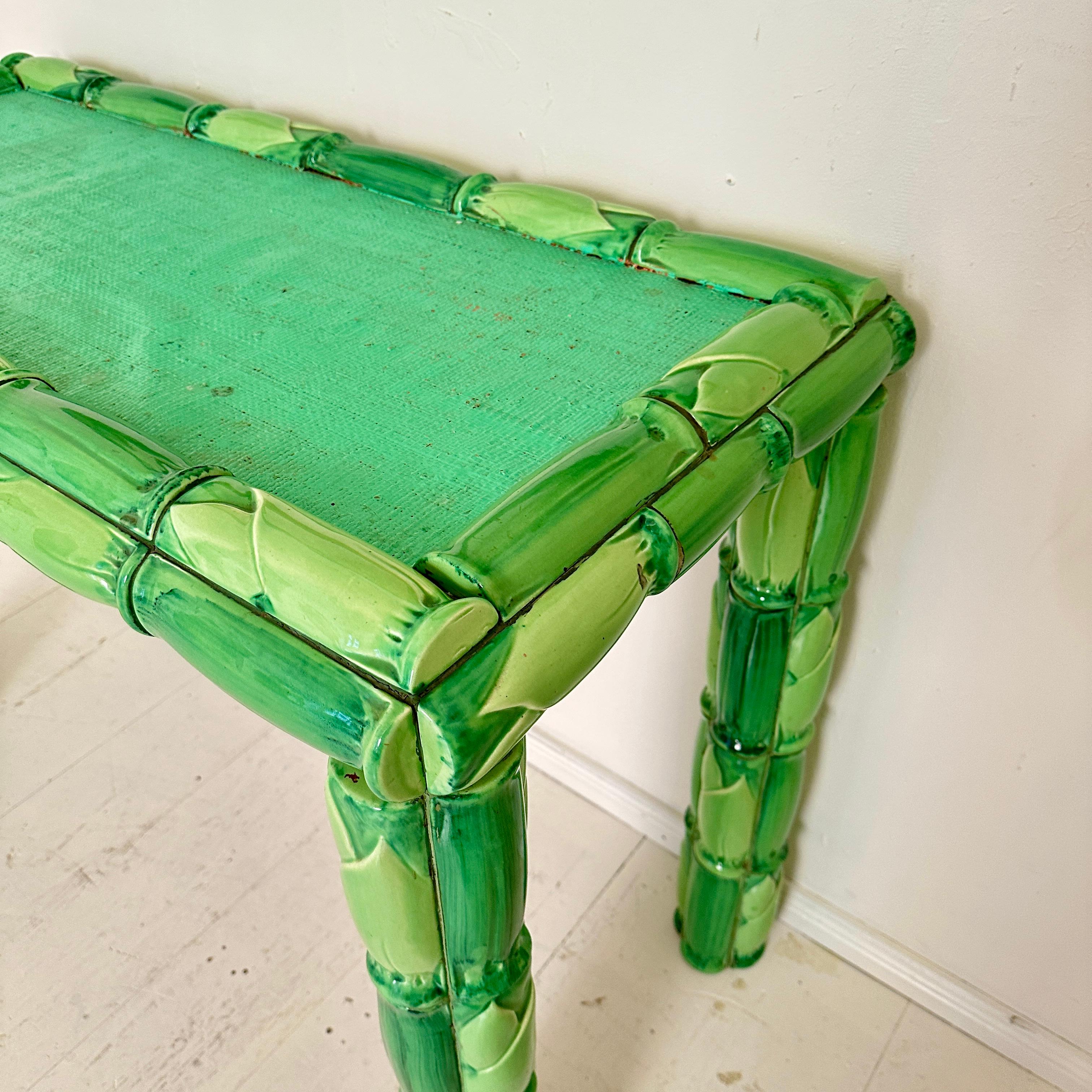 Mid Century Green Ceramic Console Table with Mirror in Bamboo Style Tiles, 1970 For Sale 4