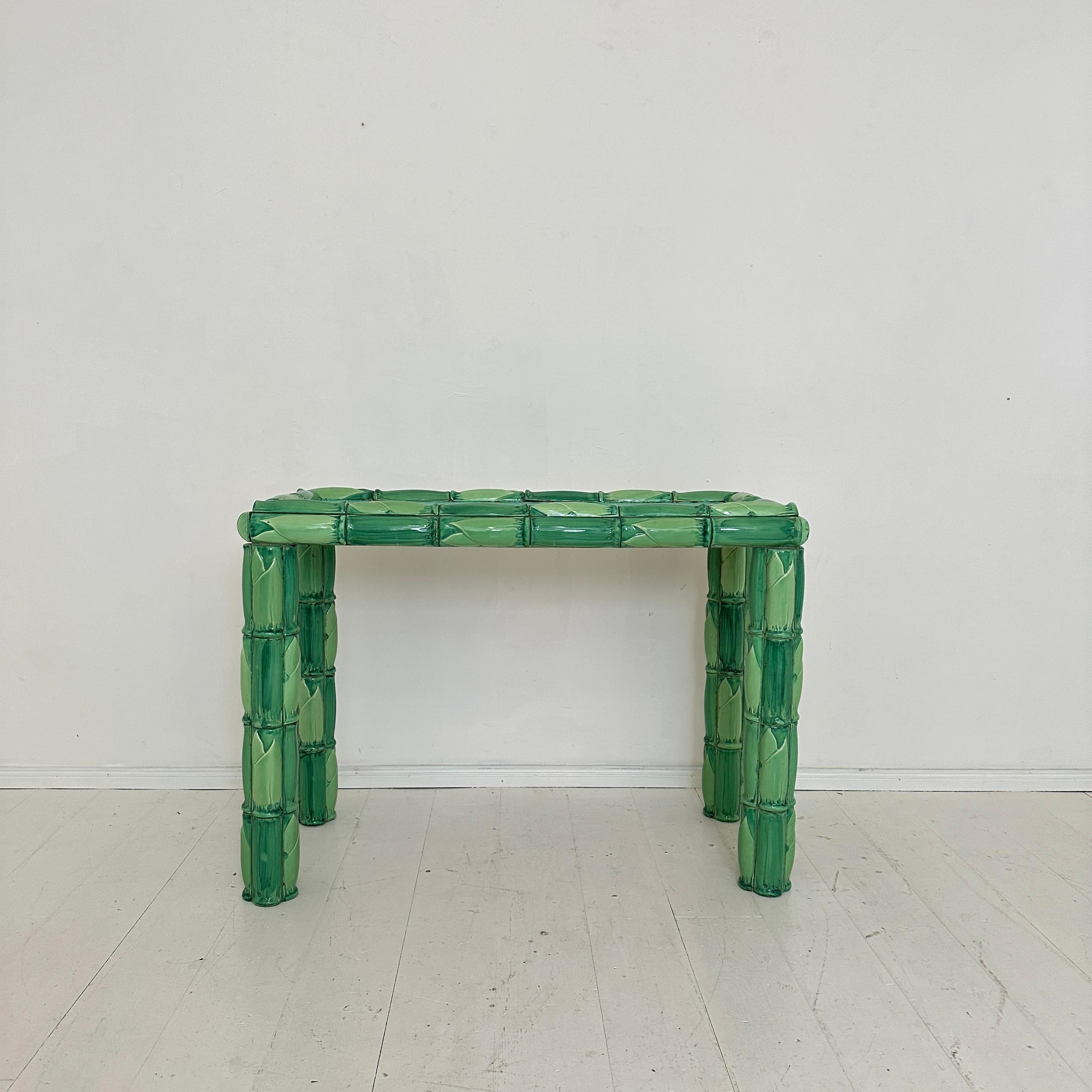 Mid Century Green Ceramic Console Table with Mirror in Bamboo Style Tiles, 1970 For Sale 5