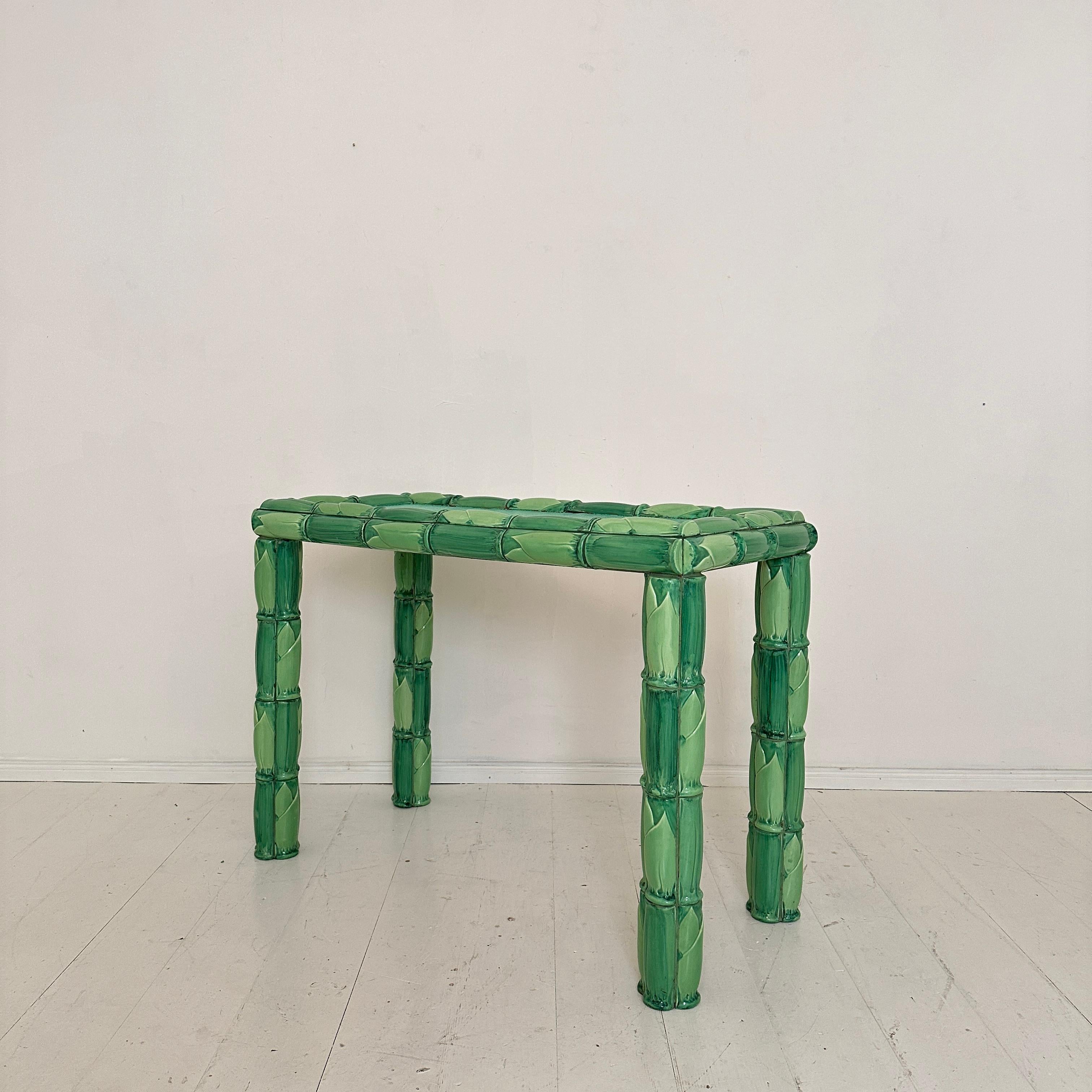 Mid Century Green Ceramic Console Table with Mirror in Bamboo Style Tiles, 1970 For Sale 6