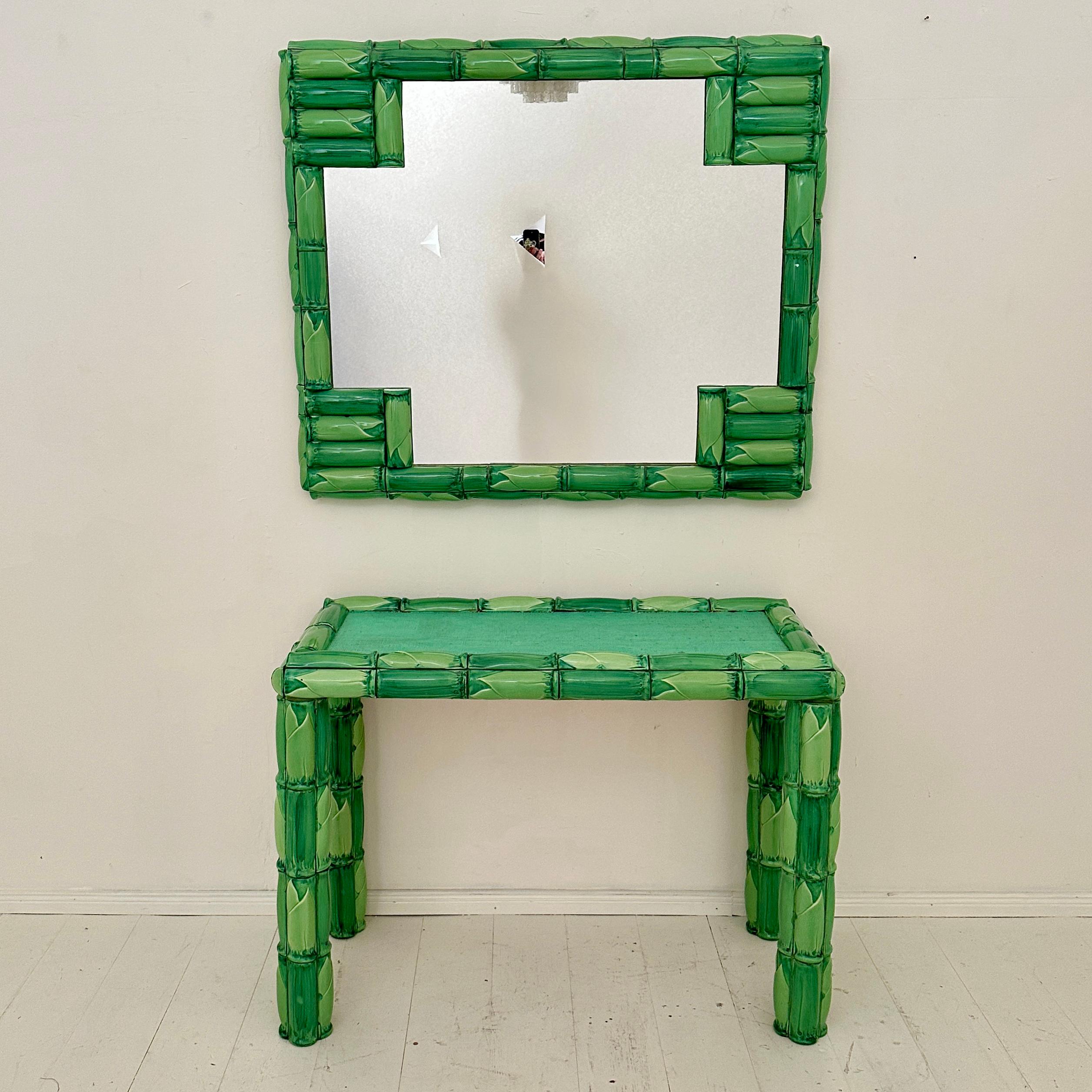 Introducing a stunning piece of mid-century design: 
This One of a Kind Green Ceramic Console Table with Mirror, a true testament to the artistic vision of Colin Morrow. Culled from the creative collaboration with 
