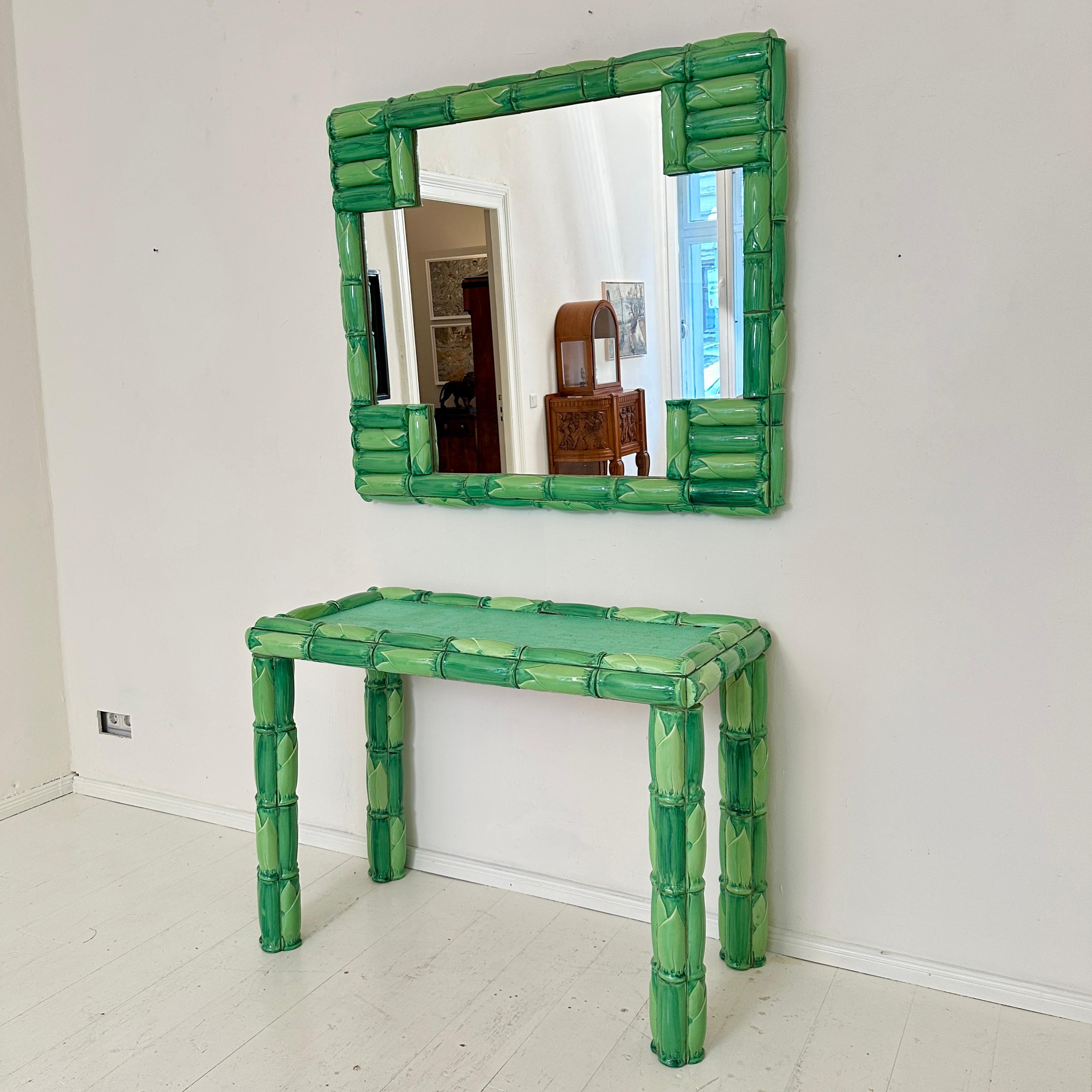 Mid-Century Modern Mid Century Green Ceramic Console Table with Mirror in Bamboo Style Tiles, 1970 For Sale