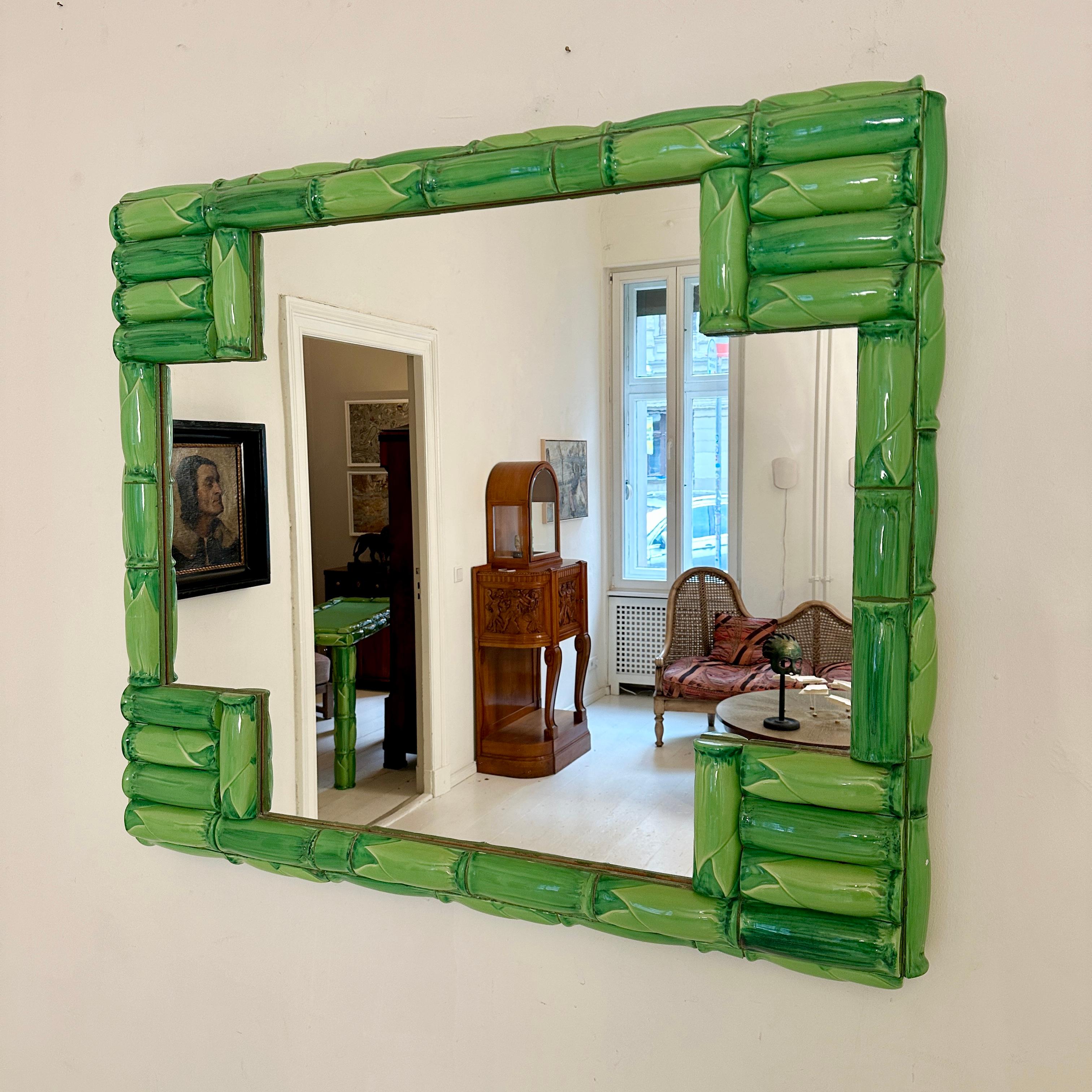 Italian Mid Century Green Ceramic Console Table with Mirror in Bamboo Style Tiles, 1970 For Sale