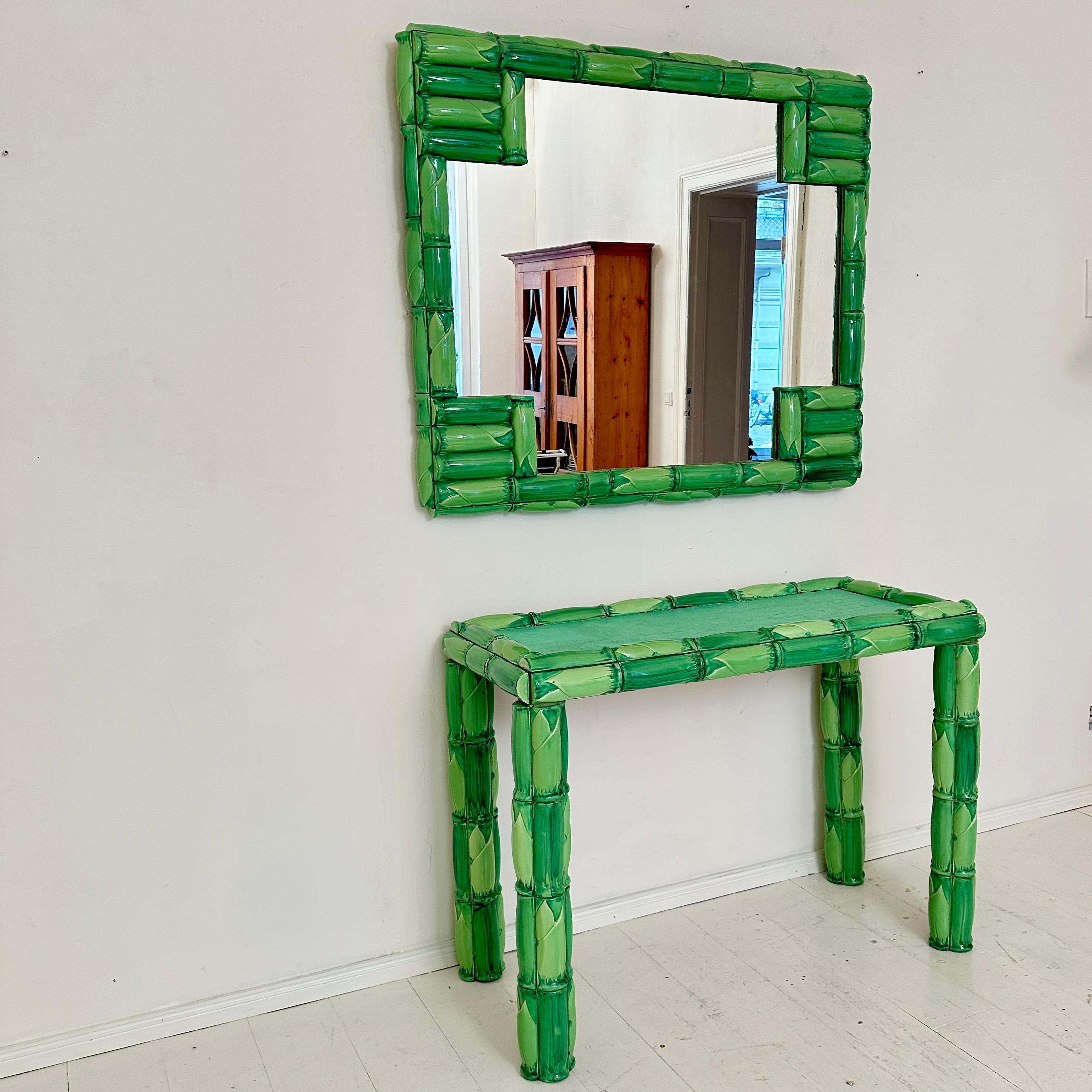 Late 20th Century Mid Century Green Ceramic Console Table with Mirror in Bamboo Style Tiles, 1970 For Sale