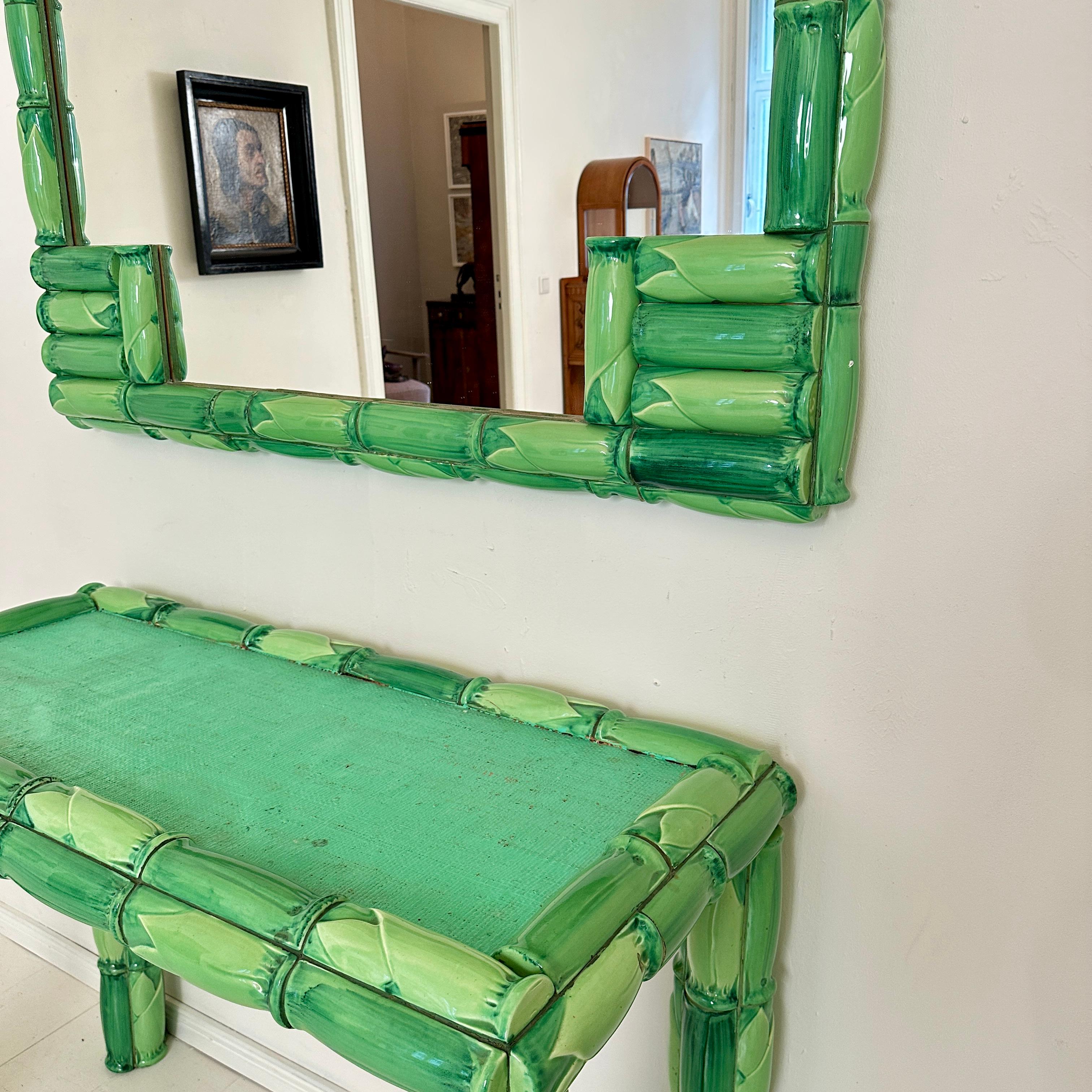 Mid Century Green Ceramic Console Table with Mirror in Bamboo Style Tiles, 1970 For Sale 2