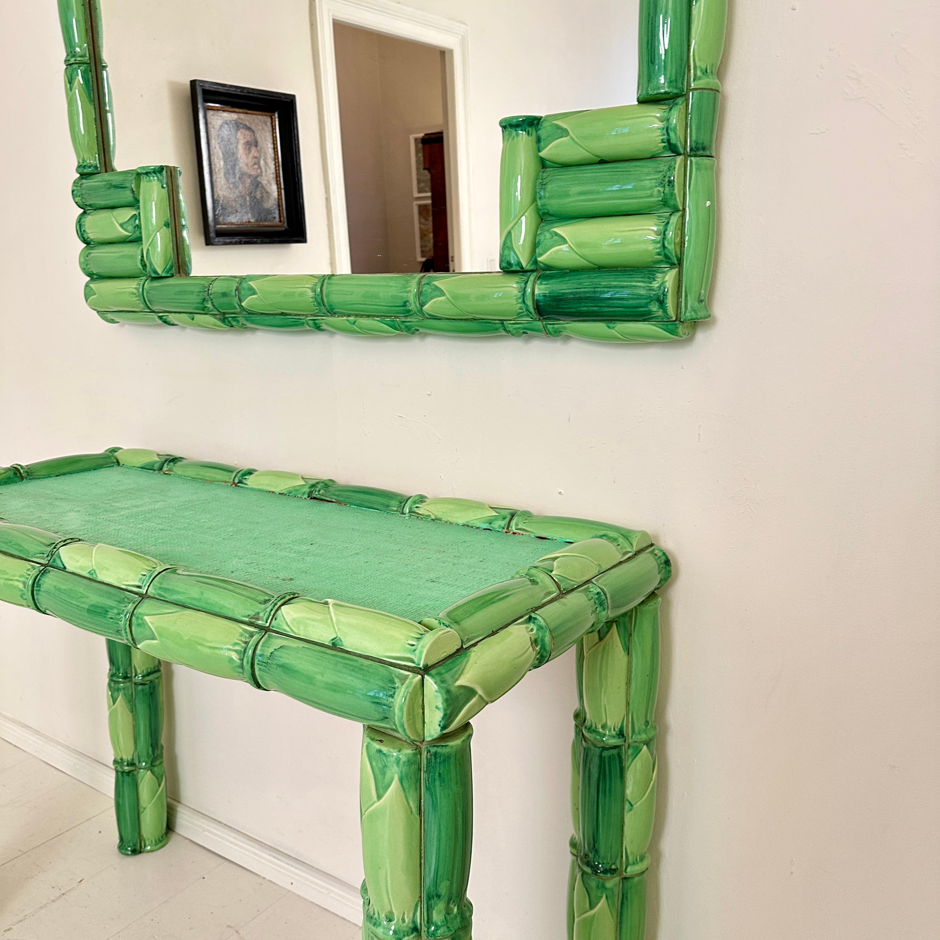 Mid Century Green Ceramic Console Table with Mirror in Bamboo Style Tiles, 1970 For Sale 3