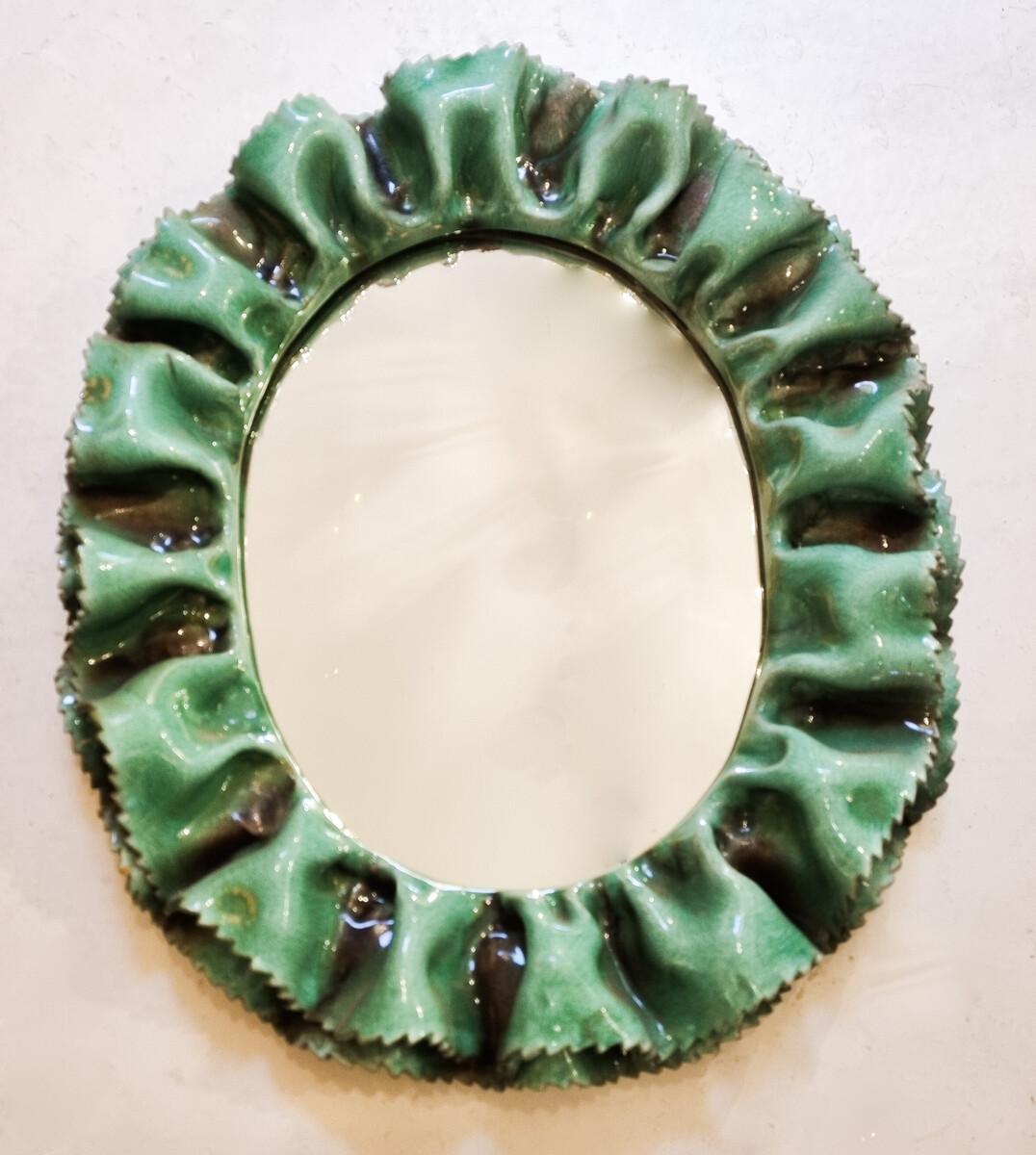 Italian Mid-Century Green Ceramic Wall Mirror by Fausto Melotti, Italy 1950s