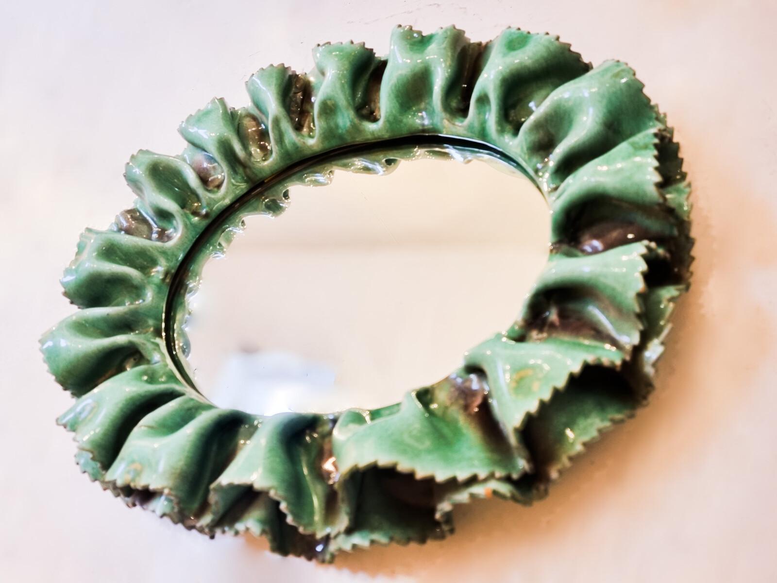 Mid-Century Green Ceramic Wall Mirror by Fausto Melotti, Italy 1950s 1