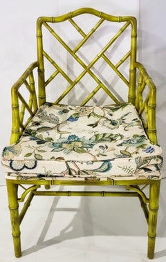 Mid-Century Green Chinese Chippendale Style Faux Bamboo Arm Chair