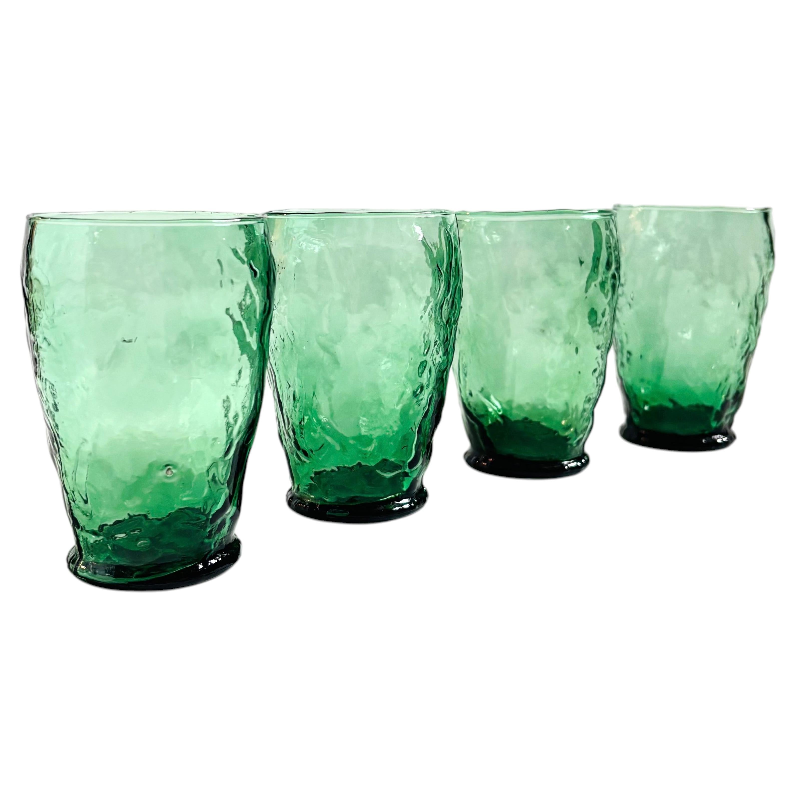 Mid Century Green Crinkle Glass Tumblers - Set of 4