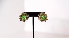 Mid-Century Green Crystal 14k Gold Plated Cluster Clip-On Earrings