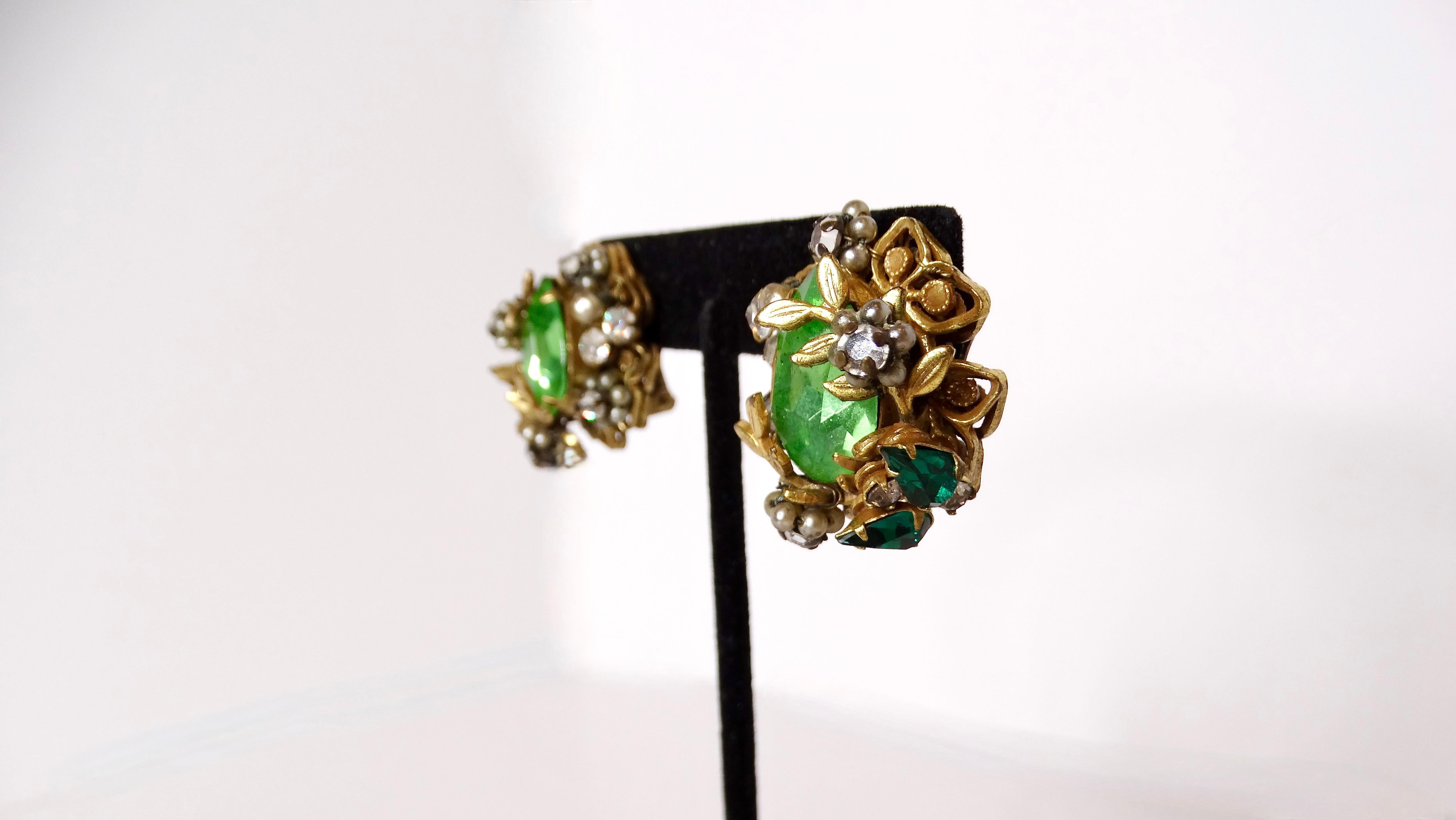 Women's Mid-Century Green Crystal 14k Gold Plated Cluster Clip-On Earrings For Sale