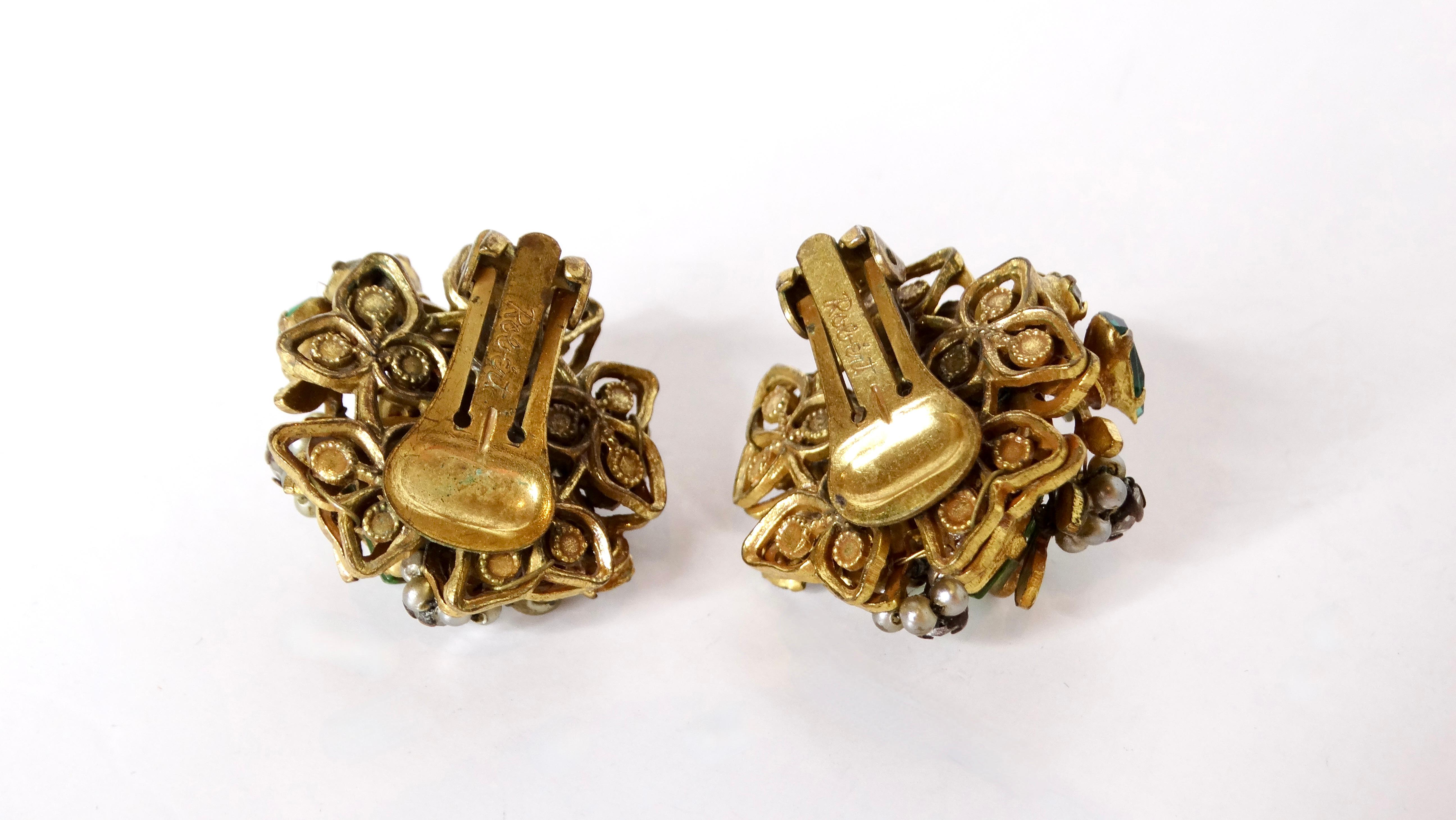 Mid-Century Green Crystal 14k Gold Plated Cluster Clip-On Earrings For Sale 1