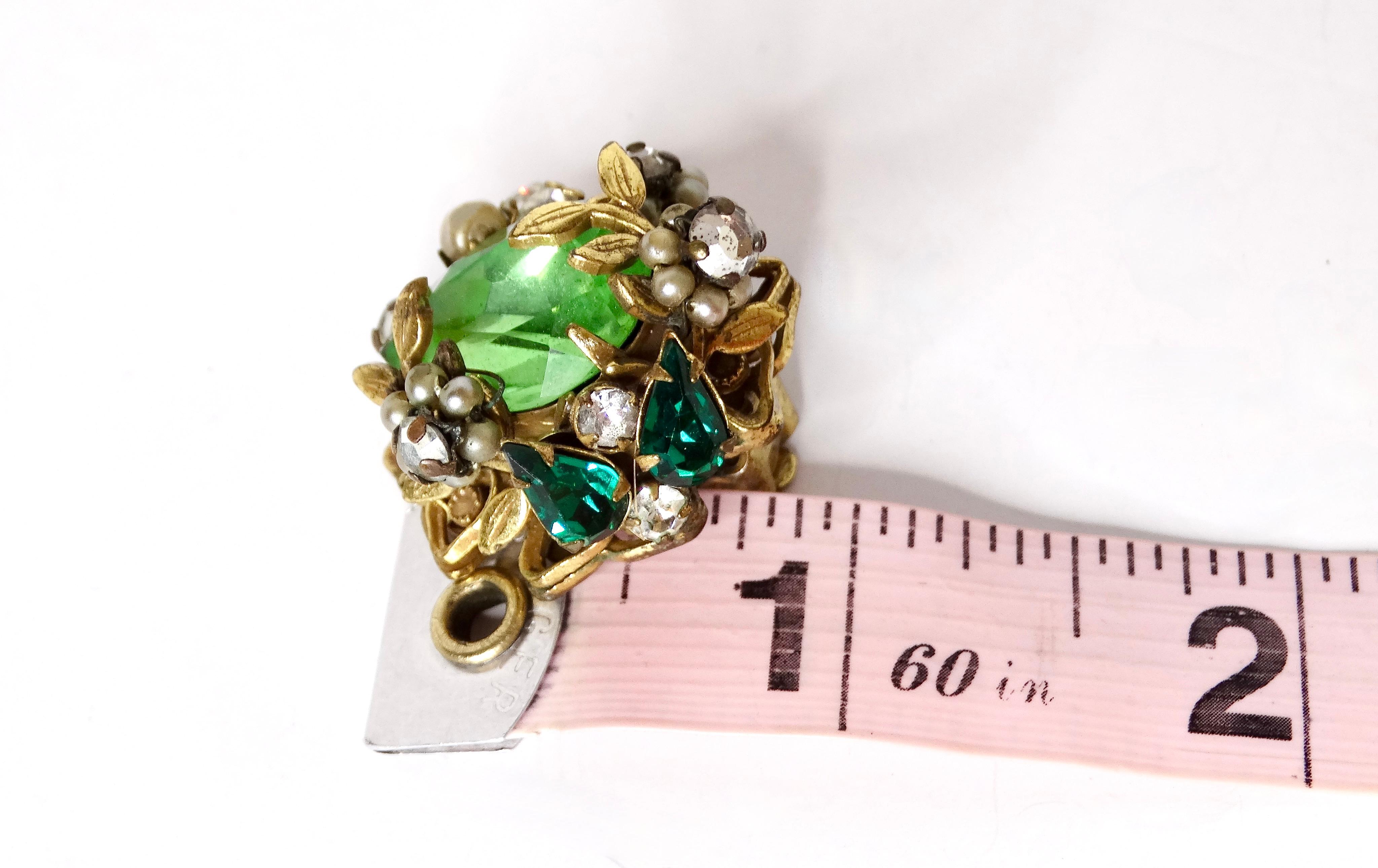 Mid-Century Green Crystal 14k Gold Plated Cluster Clip-On Earrings For Sale 3