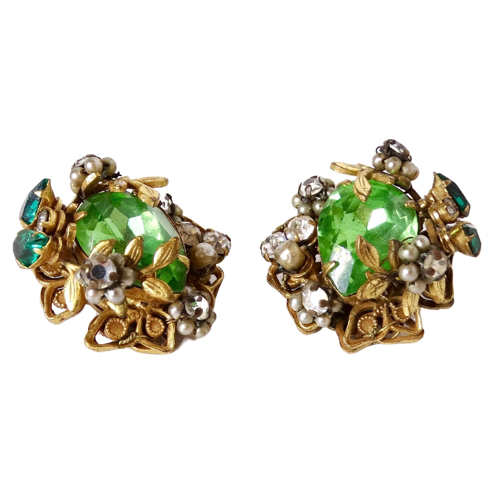 Mid-Century Green Crystal 14k Gold Plated Cluster Clip-On Earrings For Sale