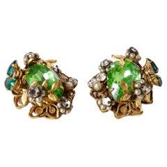 Mid-Century Green Crystal 14k Gold Plated Cluster Clip-On Earrings
