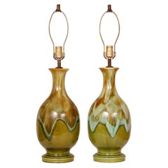 Mid Century Green Drip Glaze Ceramic Table Lamps, a Pair