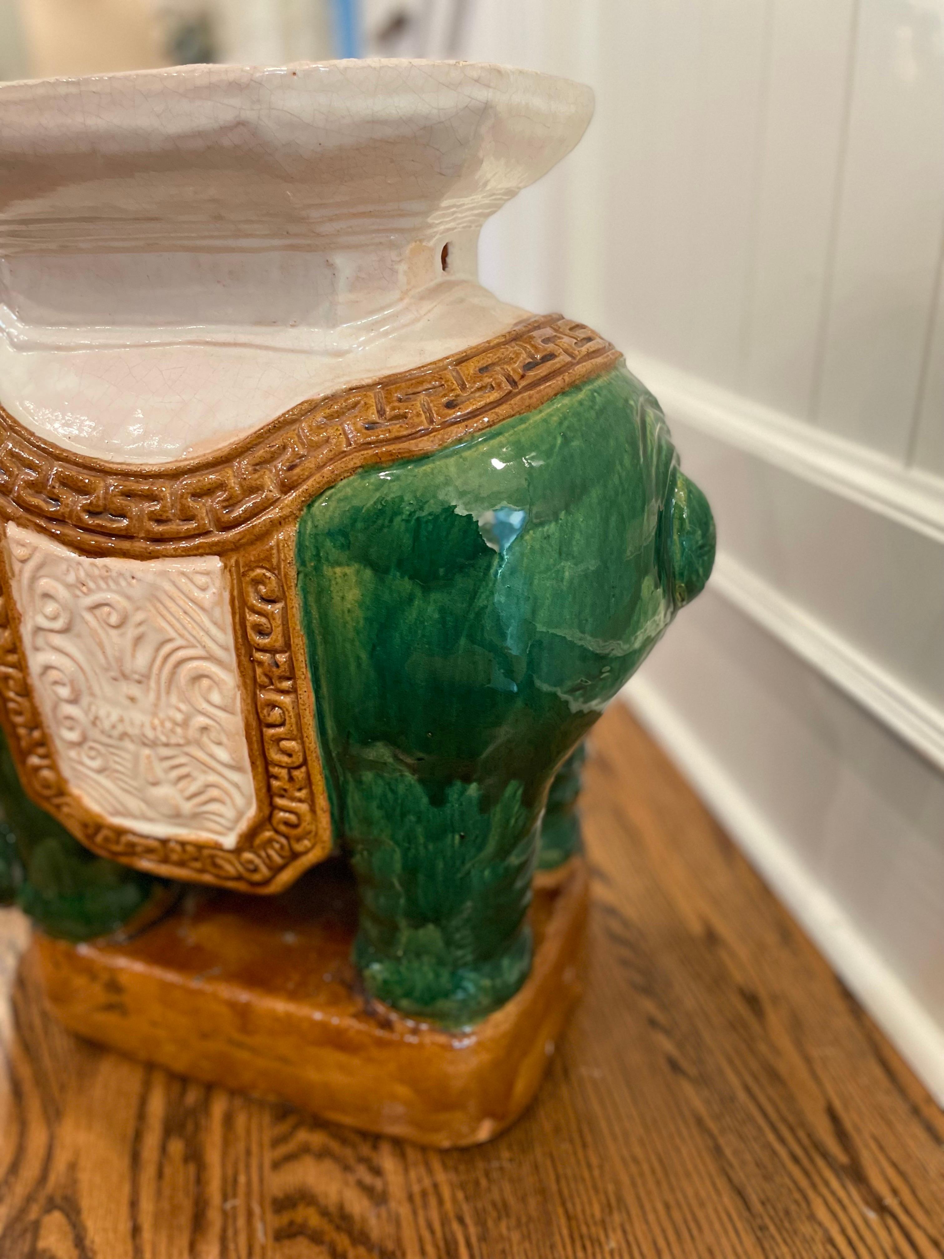 Mid Century Green Elephant Garden Stool Asian Large Ceramic Garden Seat In Good Condition For Sale In Cookeville, TN