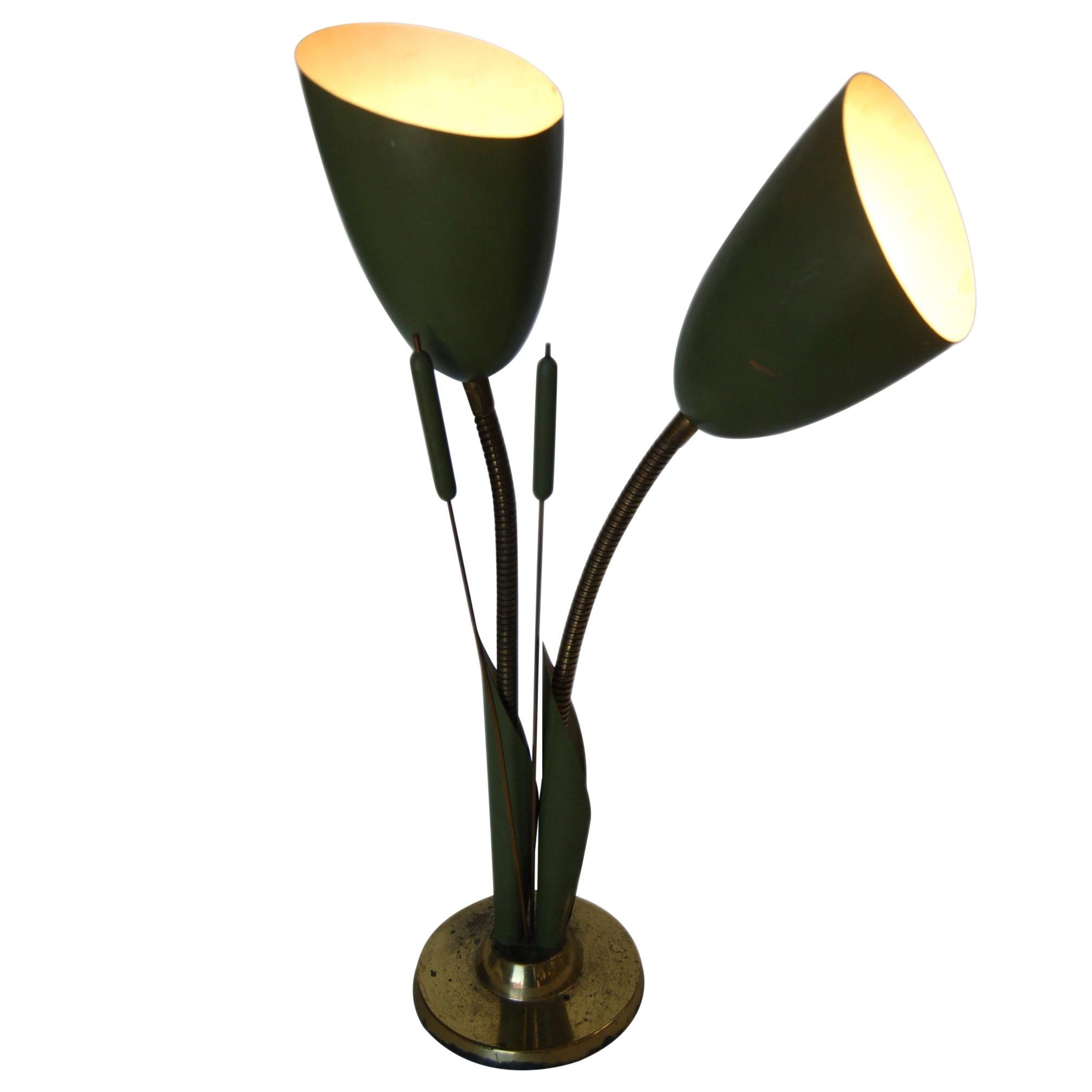 Midcentury Green Enamel Brass Gooseneck Calla Lily Desk Table Lamp