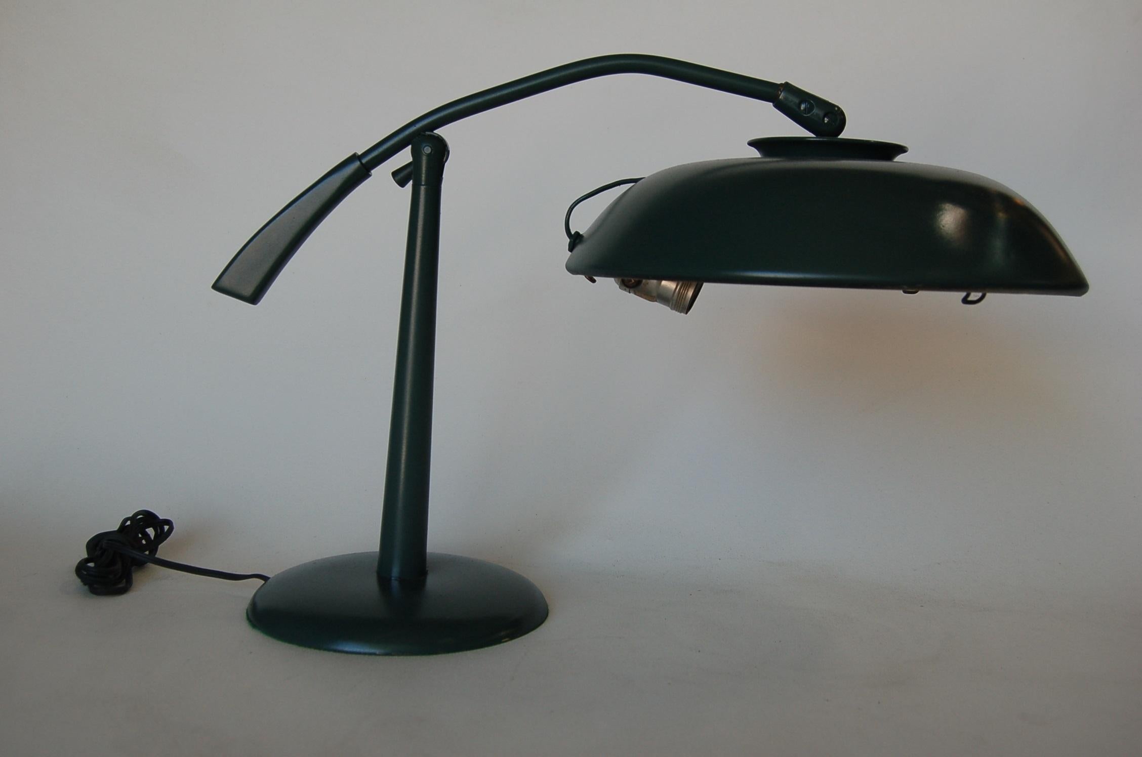 Midcentury green enamel brass swivel table lamp with large 13