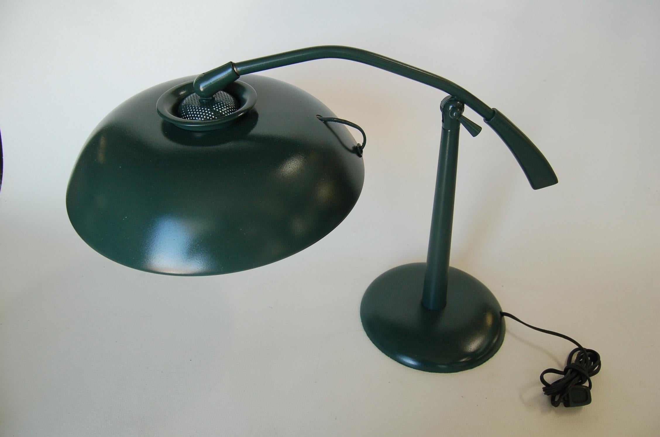 Machine Age Midcentury Green Enamel Brass Swivel Table Lamp with Large Saucer Shade For Sale