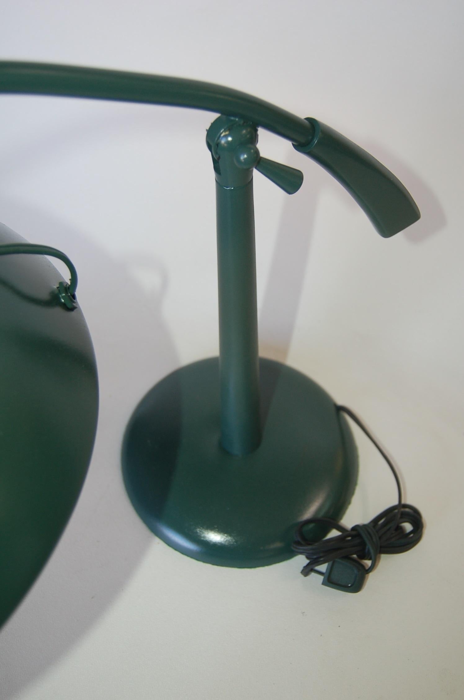 Mid-20th Century Midcentury Green Enamel Brass Swivel Table Lamp with Large Saucer Shade For Sale