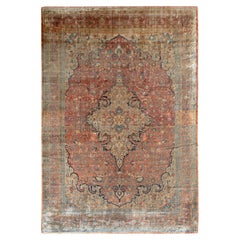 Tapis Tabriz ancien noué à la main en forme de médaillon orange et marron, signé Rug & Kilim