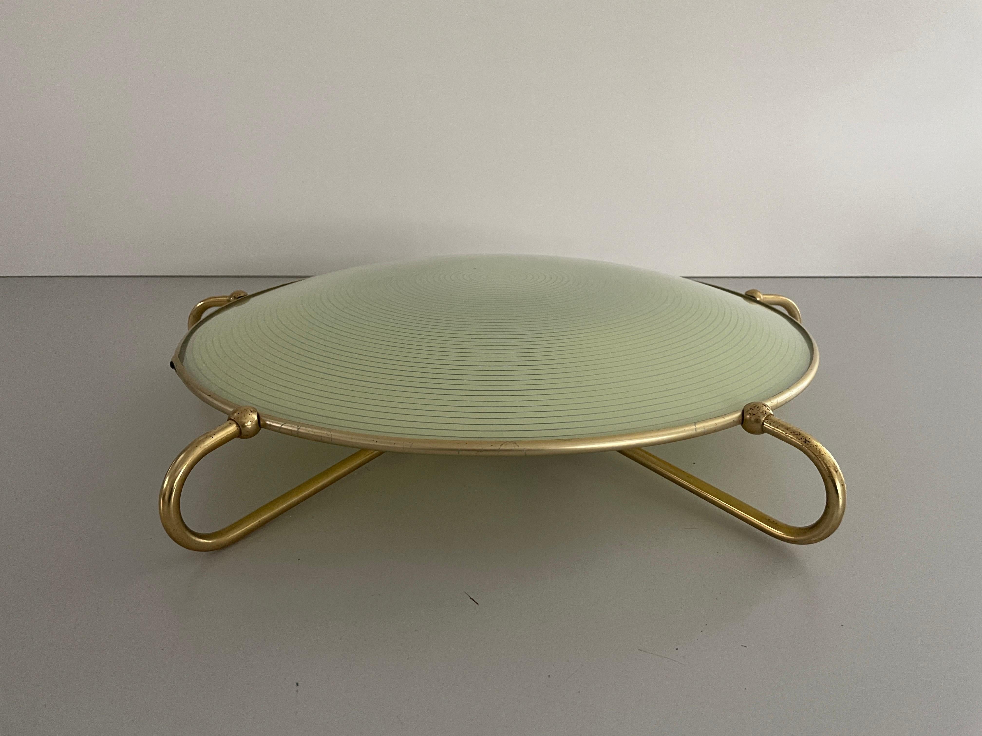 Mid-century Green Glass Ceiling Lamp with gold metal frame by Erco, 1950s, Germany

Lampshade is in very good vintage condition.

This lamp works with 3x E27 light bulbs. 
Wired and suitable to use with 220V and 110V for all
