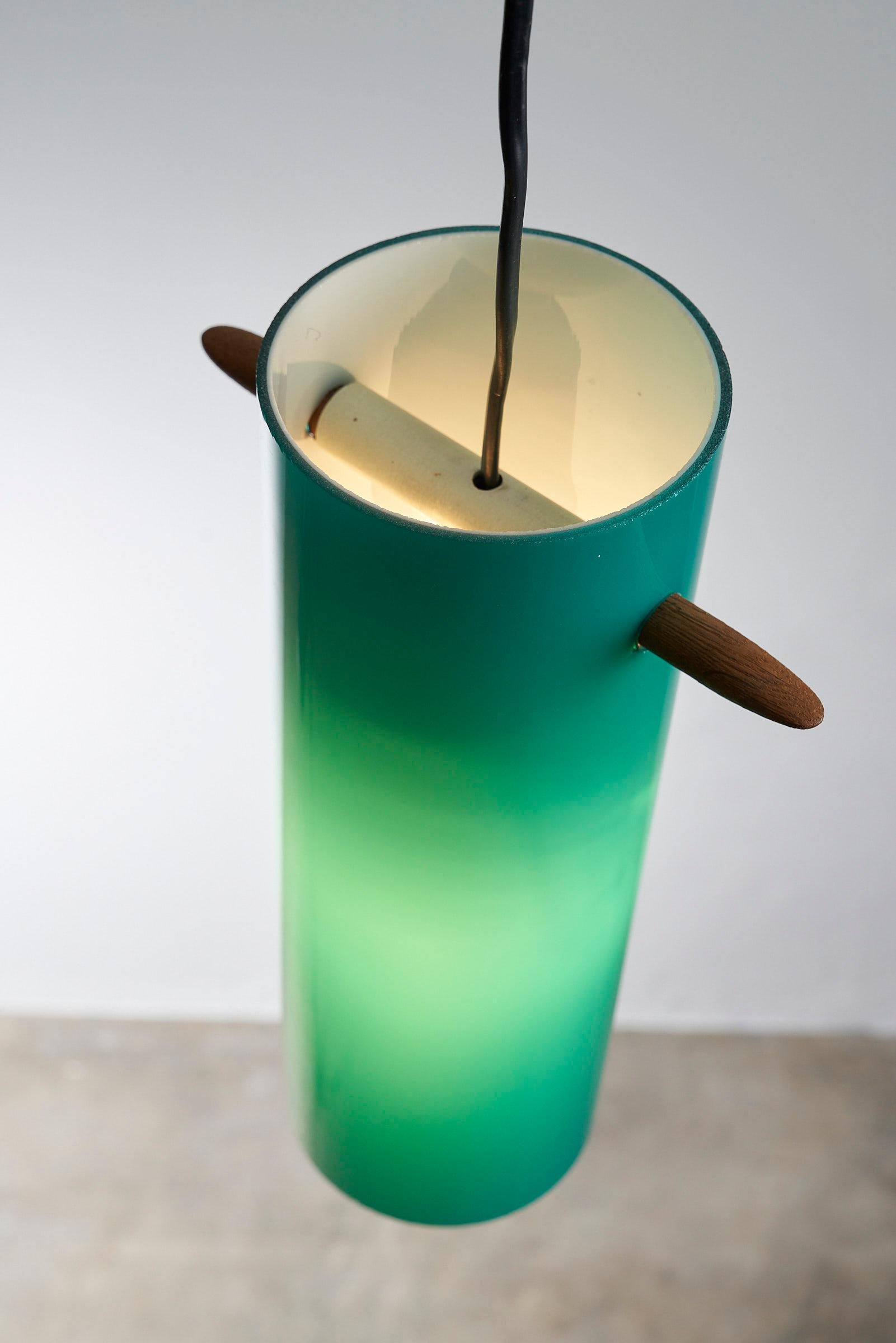 Mid-Century Green Glass Cylinder With Wooden Stem Luxus, Sweden In Good Condition For Sale In Mortsel, BE