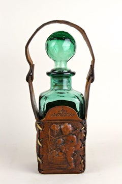 Mid Century Green Glass Decanter With Embossed Leather Case, AT ca. 1960