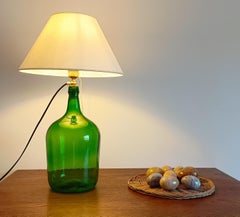 Mid-Century Green Glass Demijohn Table Lamp, Brass Fittings, Contemporary Shade