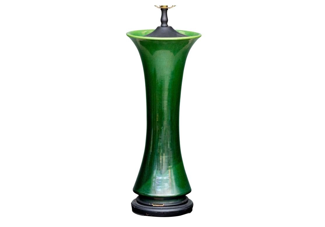 Mid Century Green Glazed Gu Form Vase Mounted As A Table Lamp For Sale 3