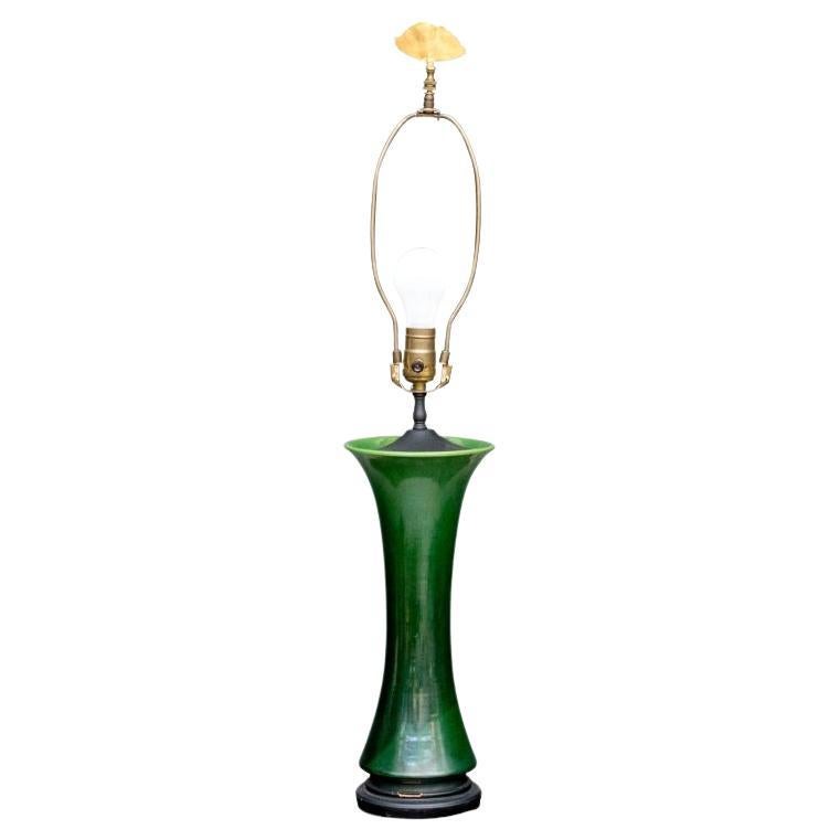 Mid Century Green Glazed Gu Form Vase Mounted As A Table Lamp For Sale