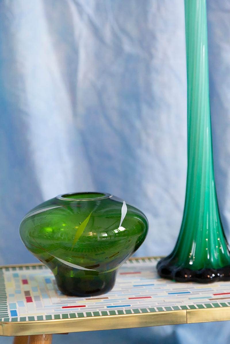Italian Mid Century Green Hand-Painted Crystal Vase, Europe, 1960s For Sale