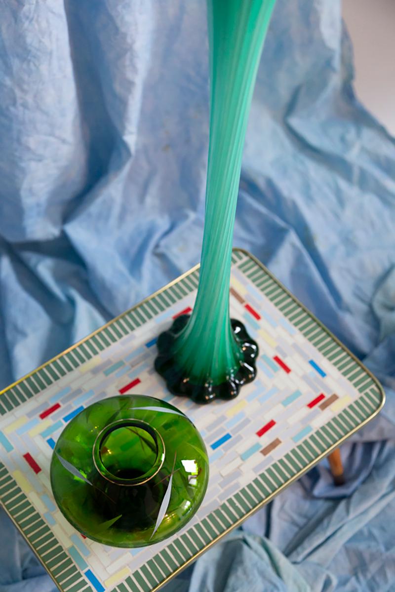 20ième siècle Vase en cristal vert peint à la main, Europe, années 1960 en vente