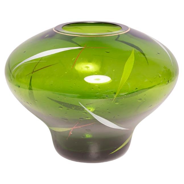 Mid Century Green Hand-Painted Crystal Vase, Europe, 1960s