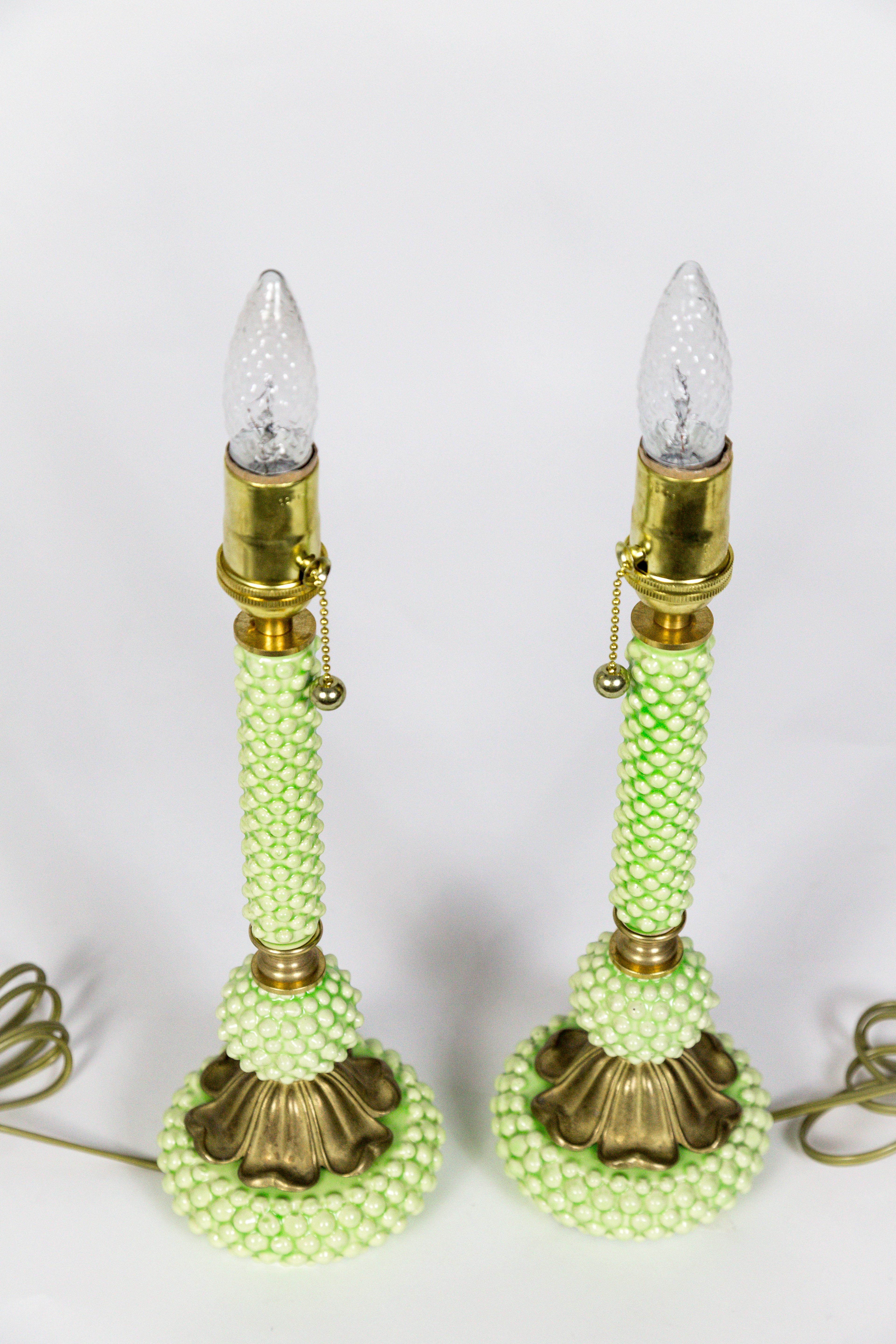 Modern Midcentury Green Hobnail Ceramic and Brass Lamps 'Pair'