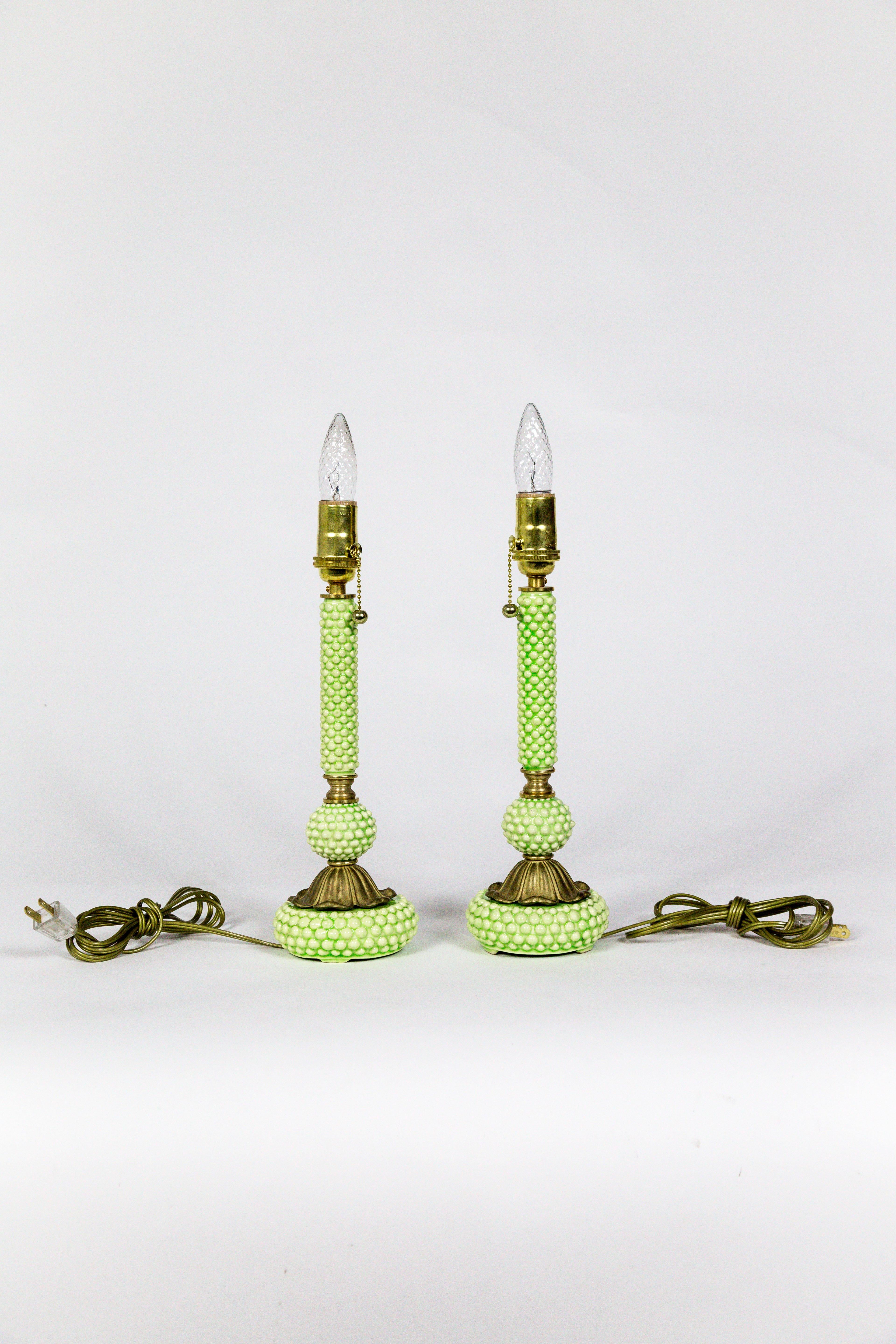 Molded Midcentury Green Hobnail Ceramic and Brass Lamps 'Pair'