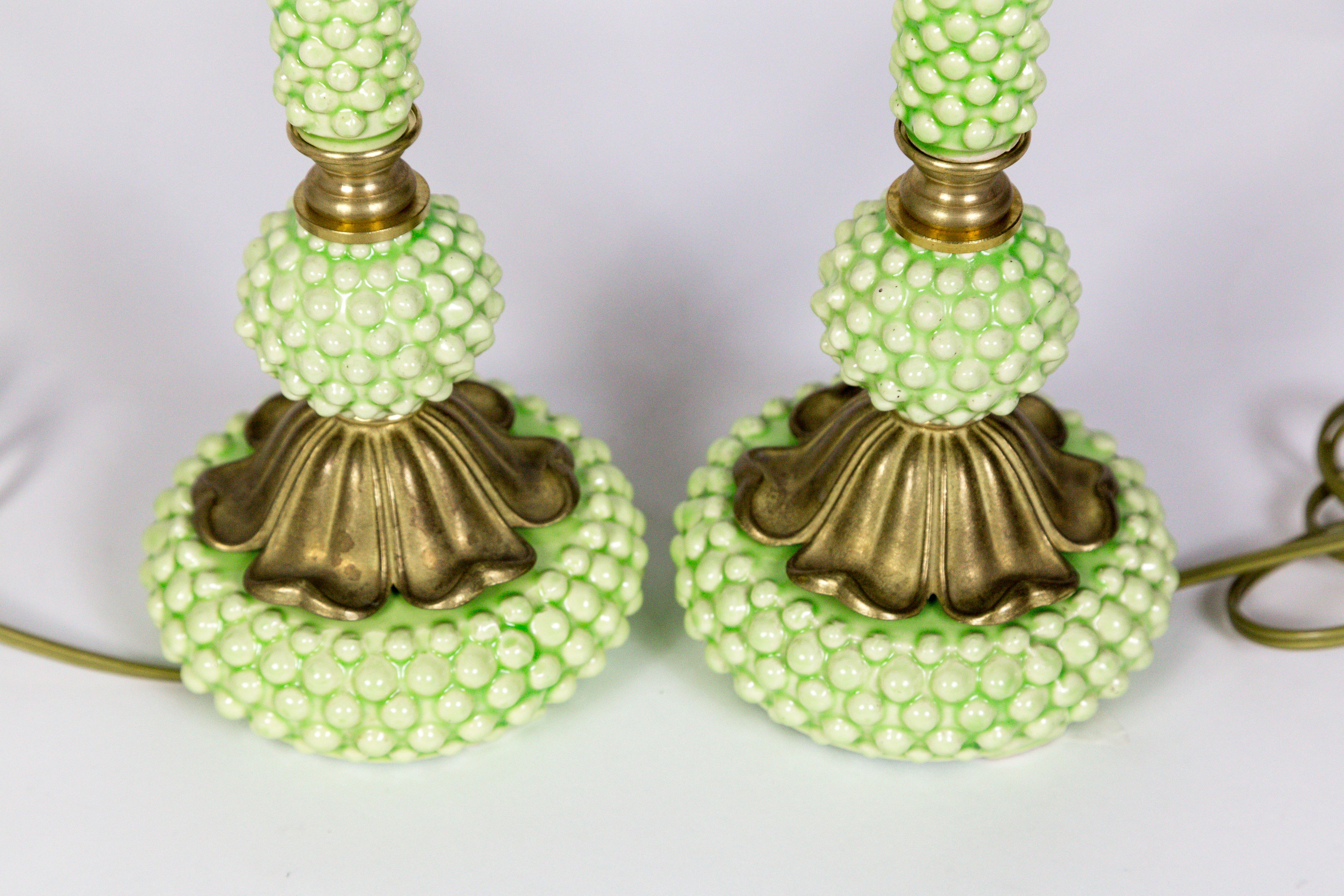 Midcentury Green Hobnail Ceramic and Brass Lamps 'Pair' In Excellent Condition In San Francisco, CA