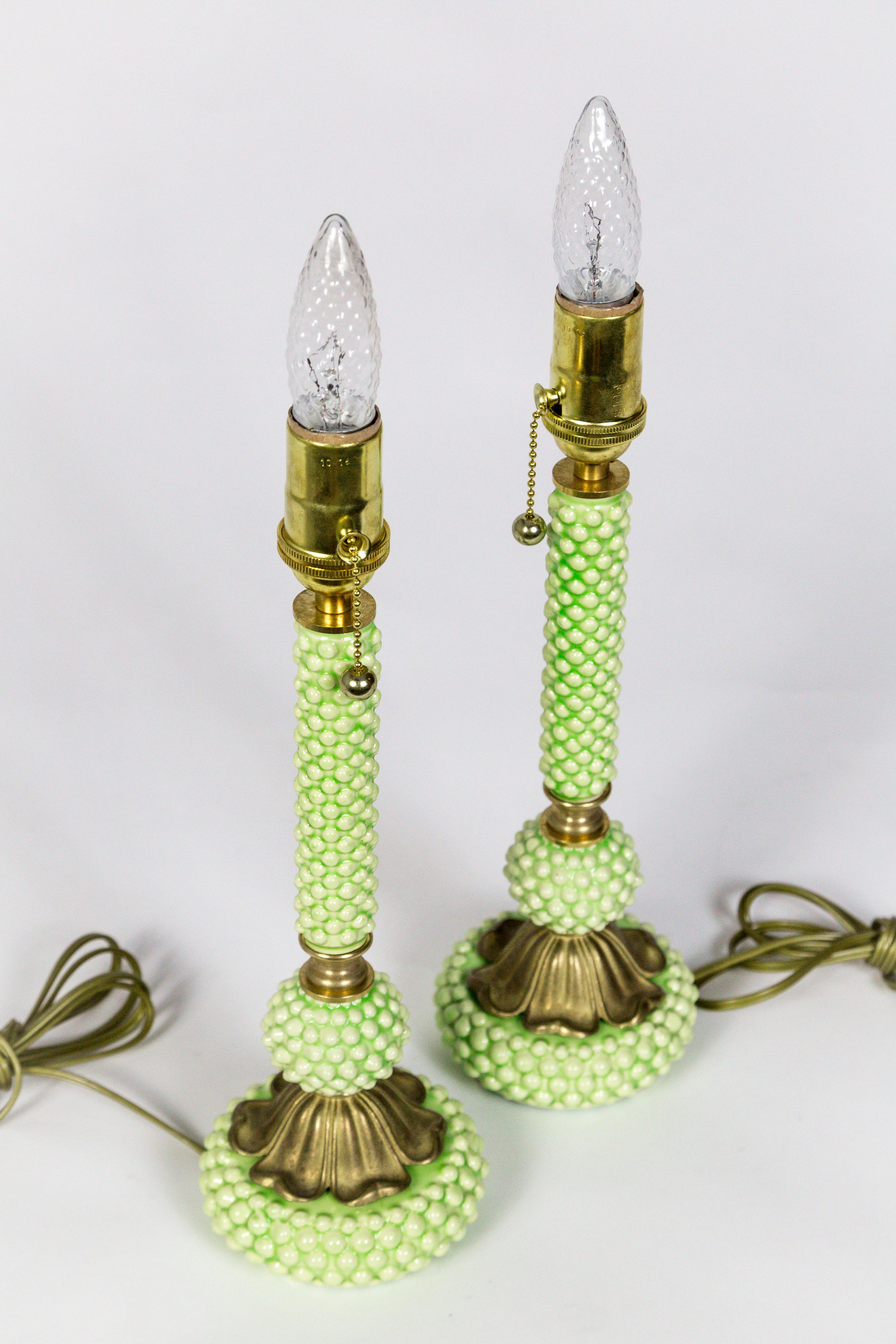 20th Century Midcentury Green Hobnail Ceramic and Brass Lamps 'Pair'