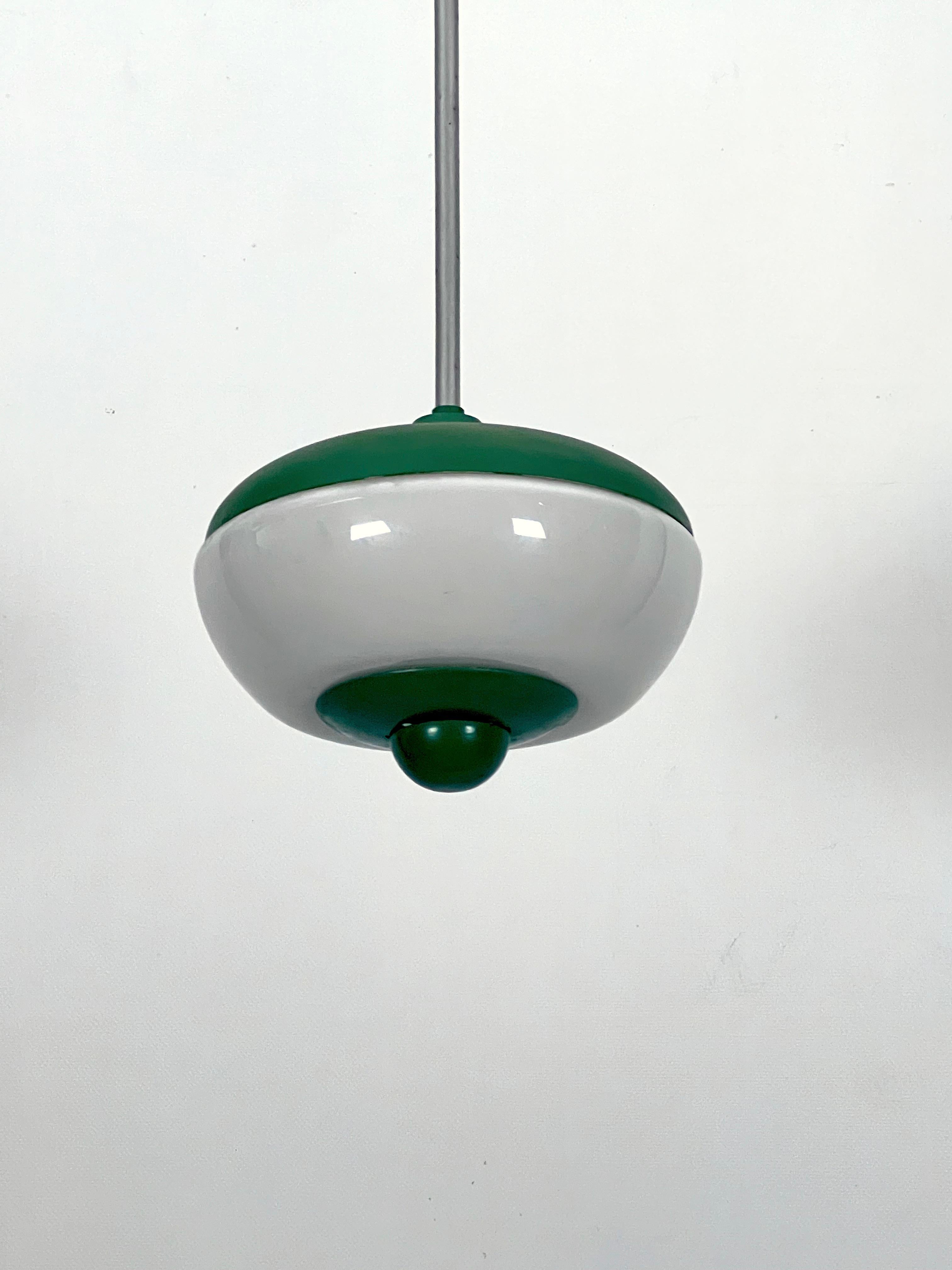 Single light green lacquer and milk glass chandelier, produced in Italy diring the 50s. Fair vintage condition with normal trace of age and use. Full working with EU standard, adaptable on demand for USA standard.