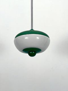 Mid-Century green lacquer and milk glass pendant. Italy 1950s