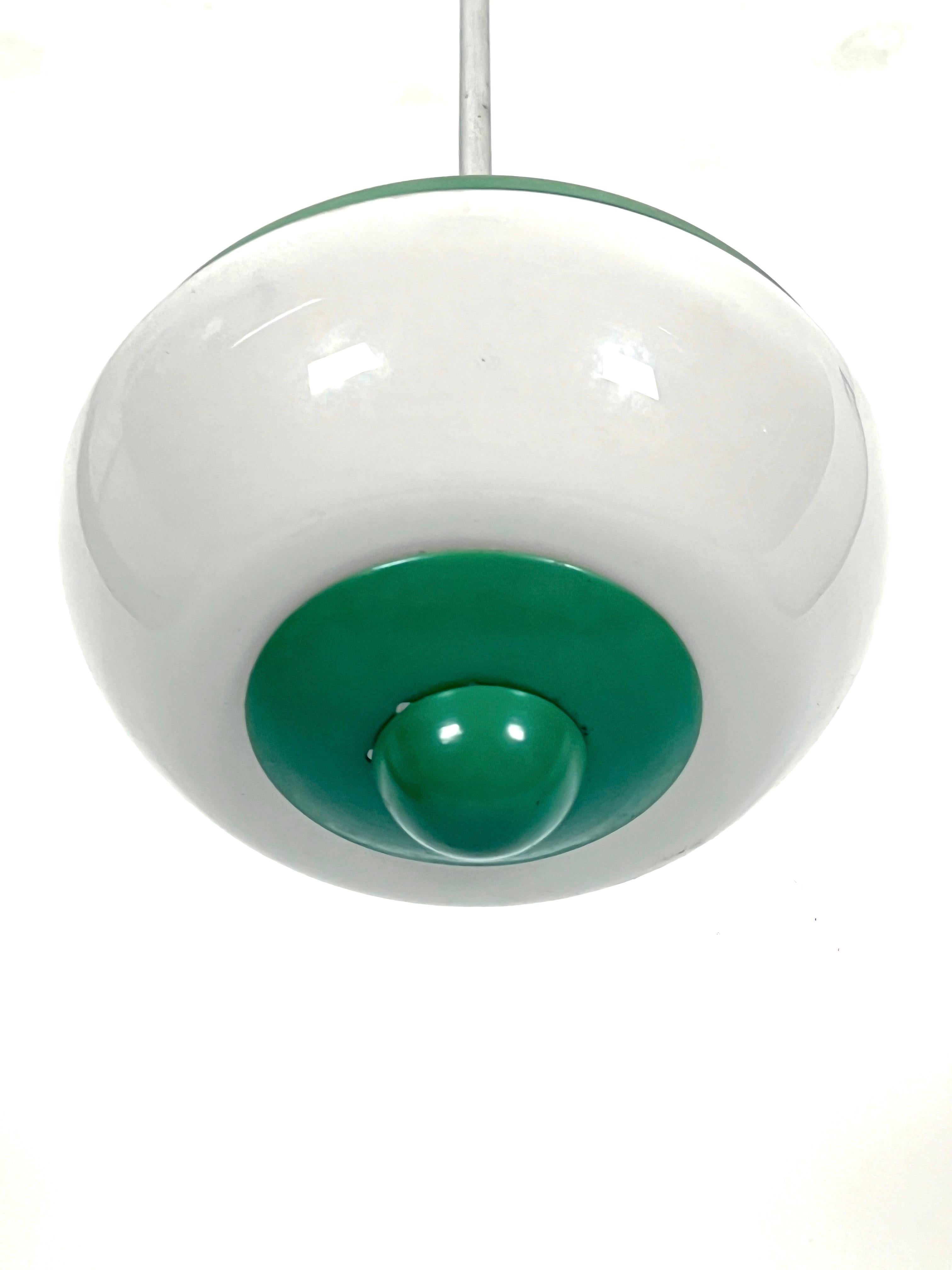 Mid-Century Modern Mid-Century green lacquer and milk glass pendant. Italy 1950s For Sale