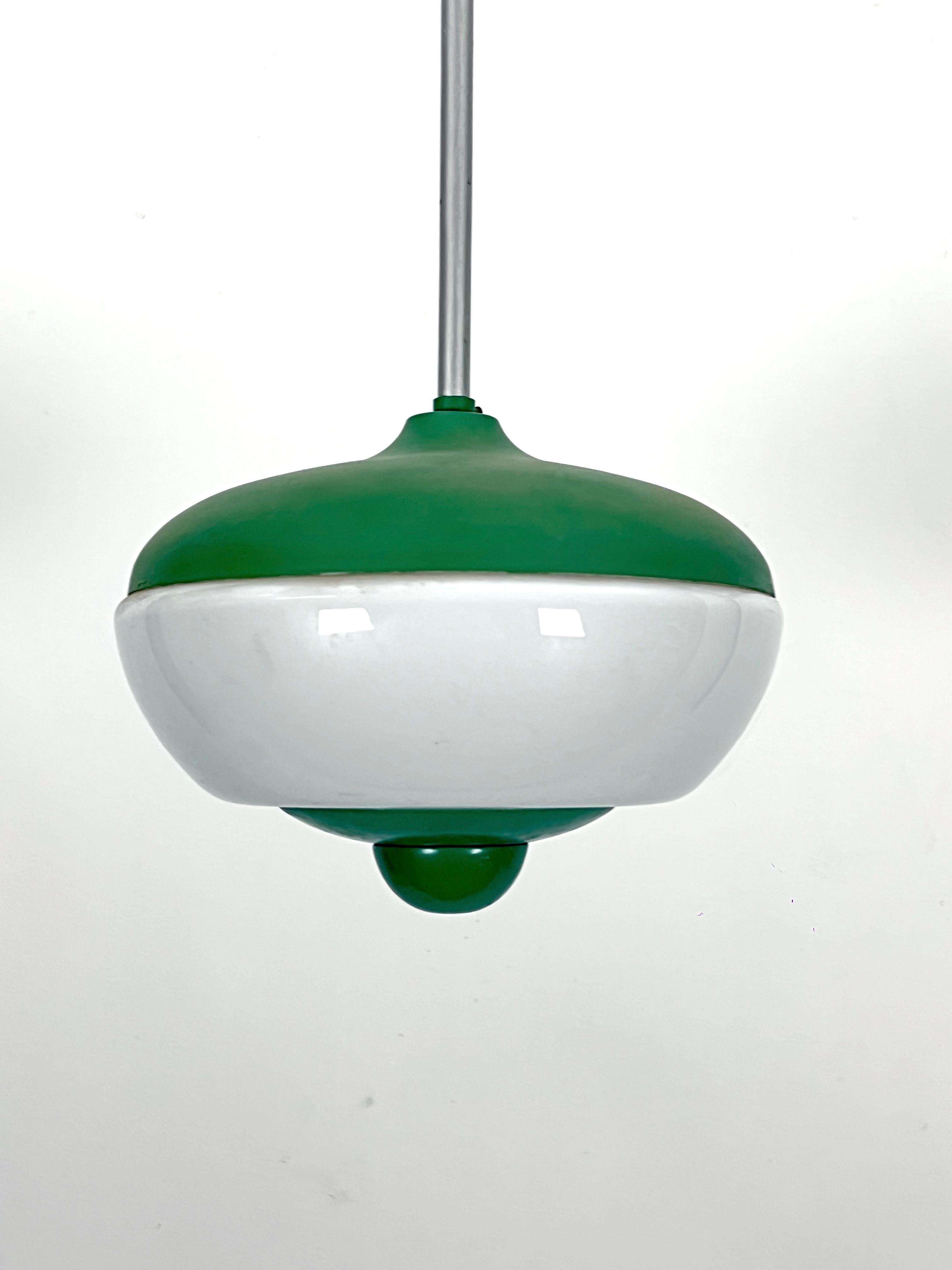 20th Century Mid-Century green lacquer and milk glass pendant. Italy 1950s For Sale