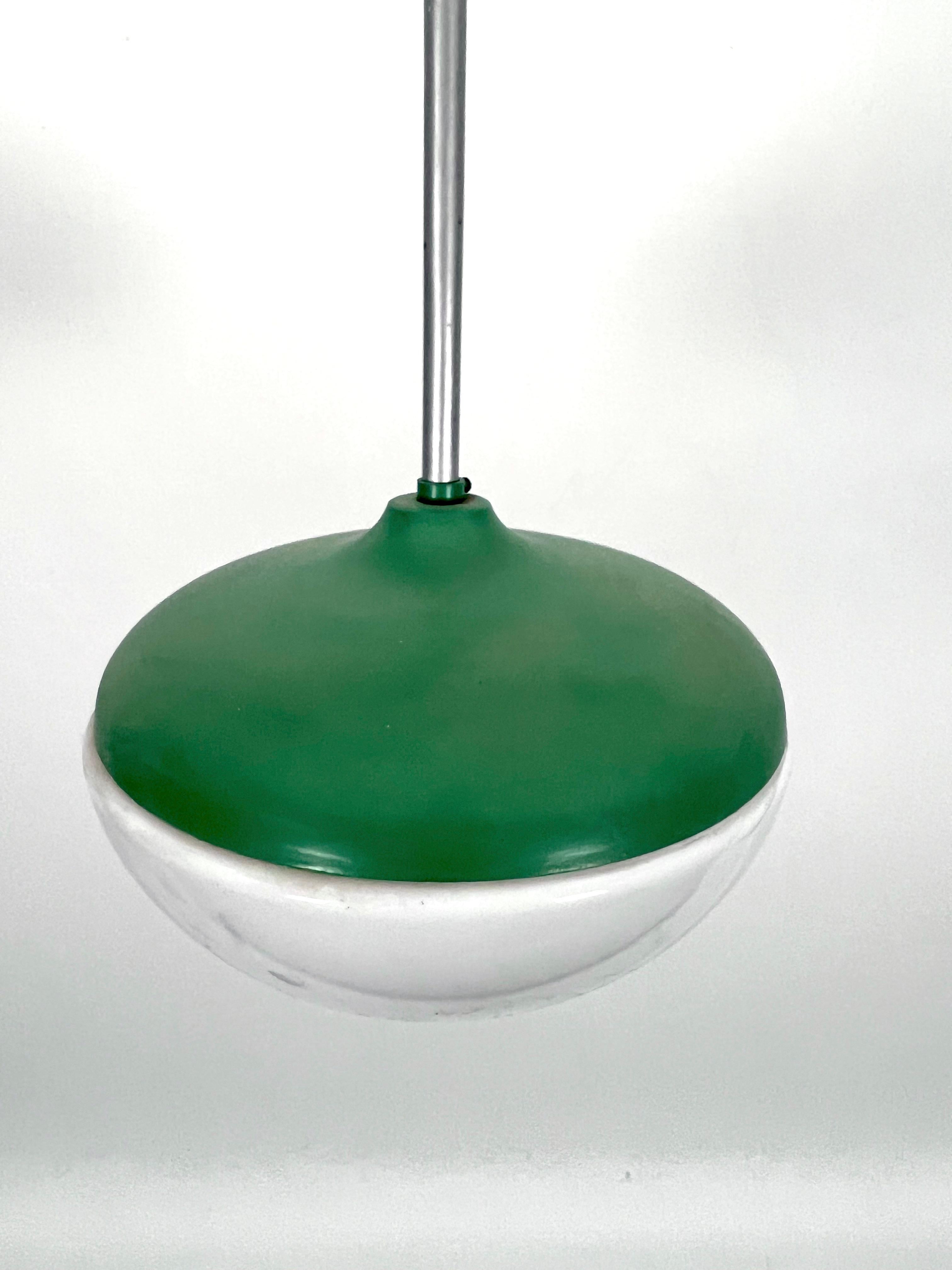 Milk Glass Mid-Century green lacquer and milk glass pendant. Italy 1950s For Sale