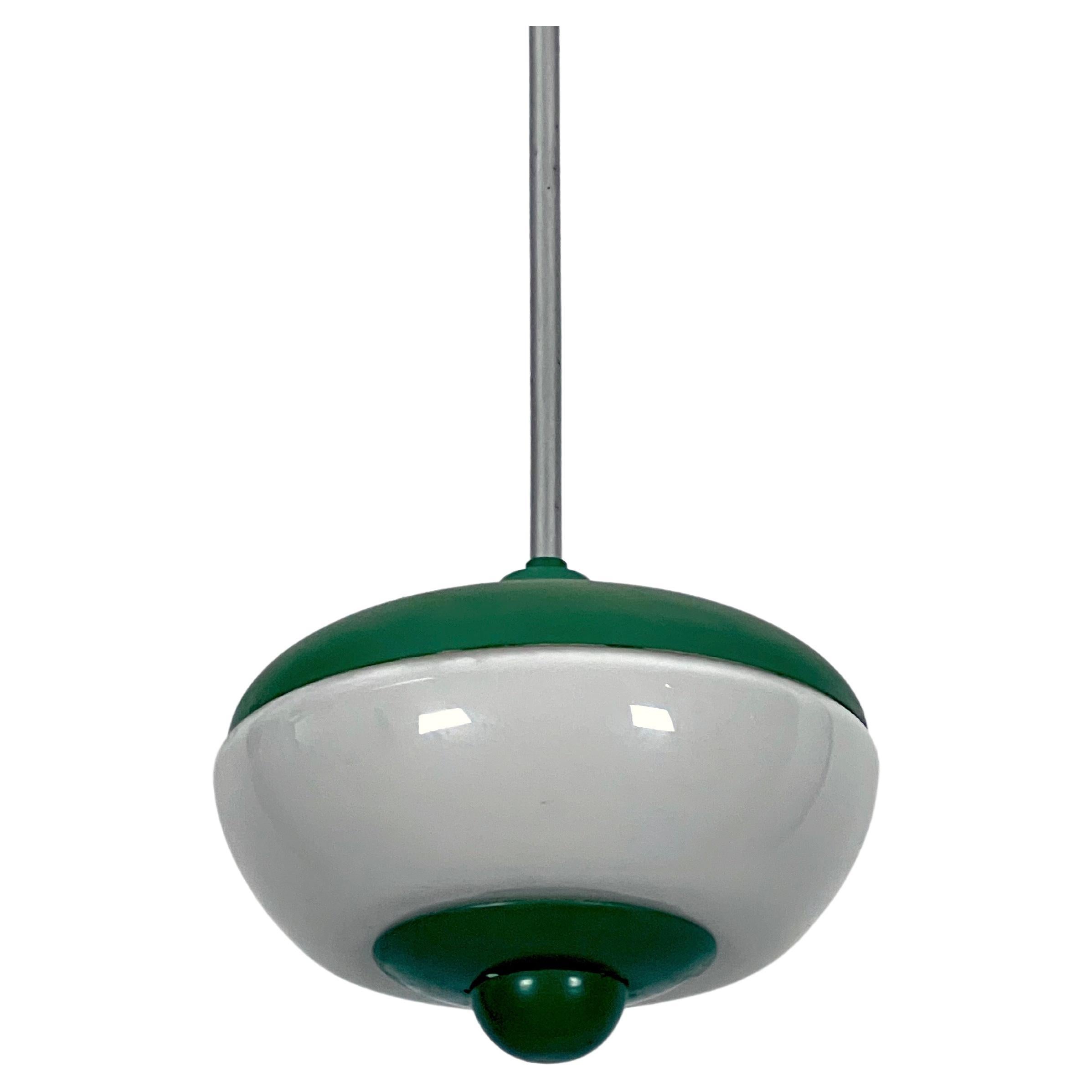 Mid-Century green lacquer and milk glass pendant. Italy 1950s For Sale