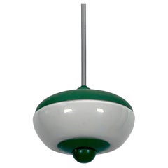Mid-Century green lacquer and milk glass pendant. Italy 1950s