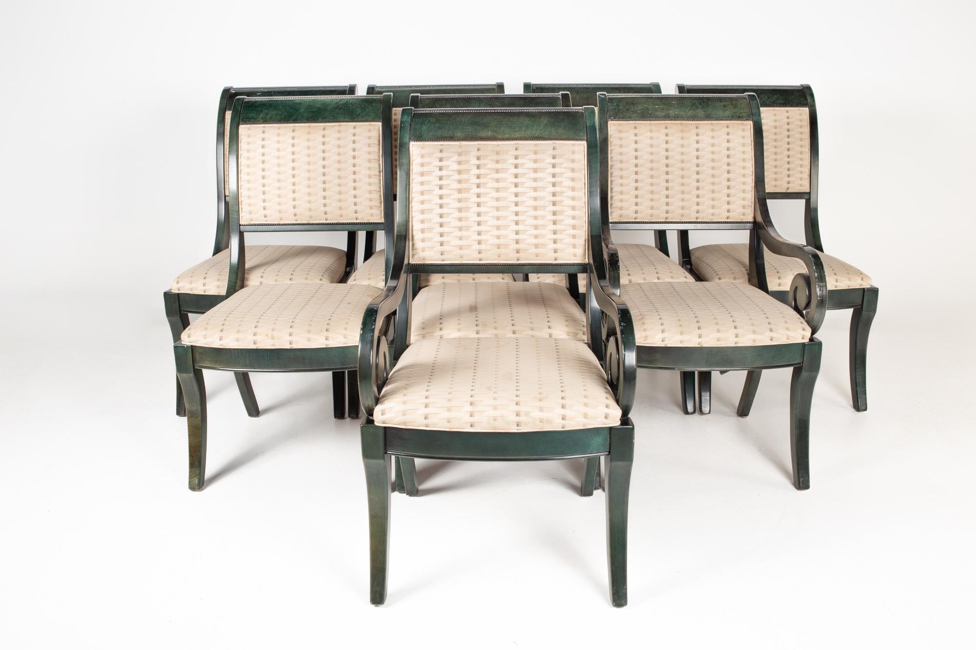 Mid century green lacquer dining chairs with beige seat cushions - set of 8

Each chair measures: 21 wide x 28 deep x 38 inches high, with a seat height of 18 and arm height of 25 inches

Ready for new upholstery. This service is available for