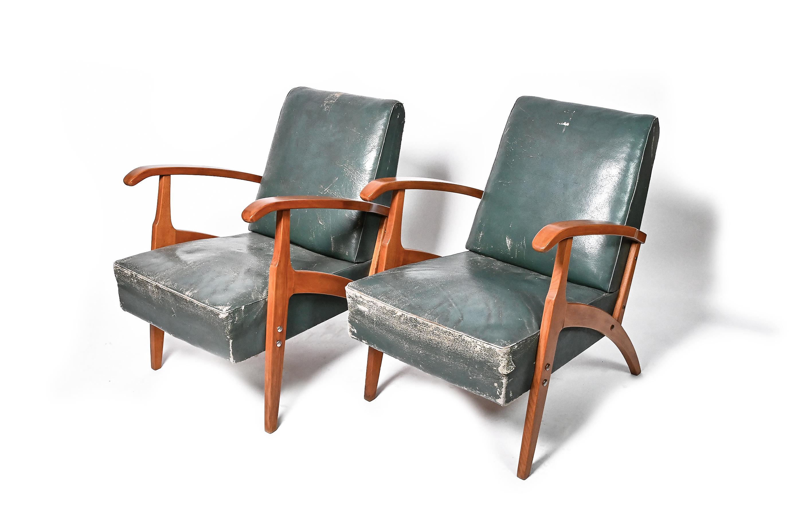 Mid-Century Modern Midcentury Green Leather Armchairs, Hungary, 1950s For Sale